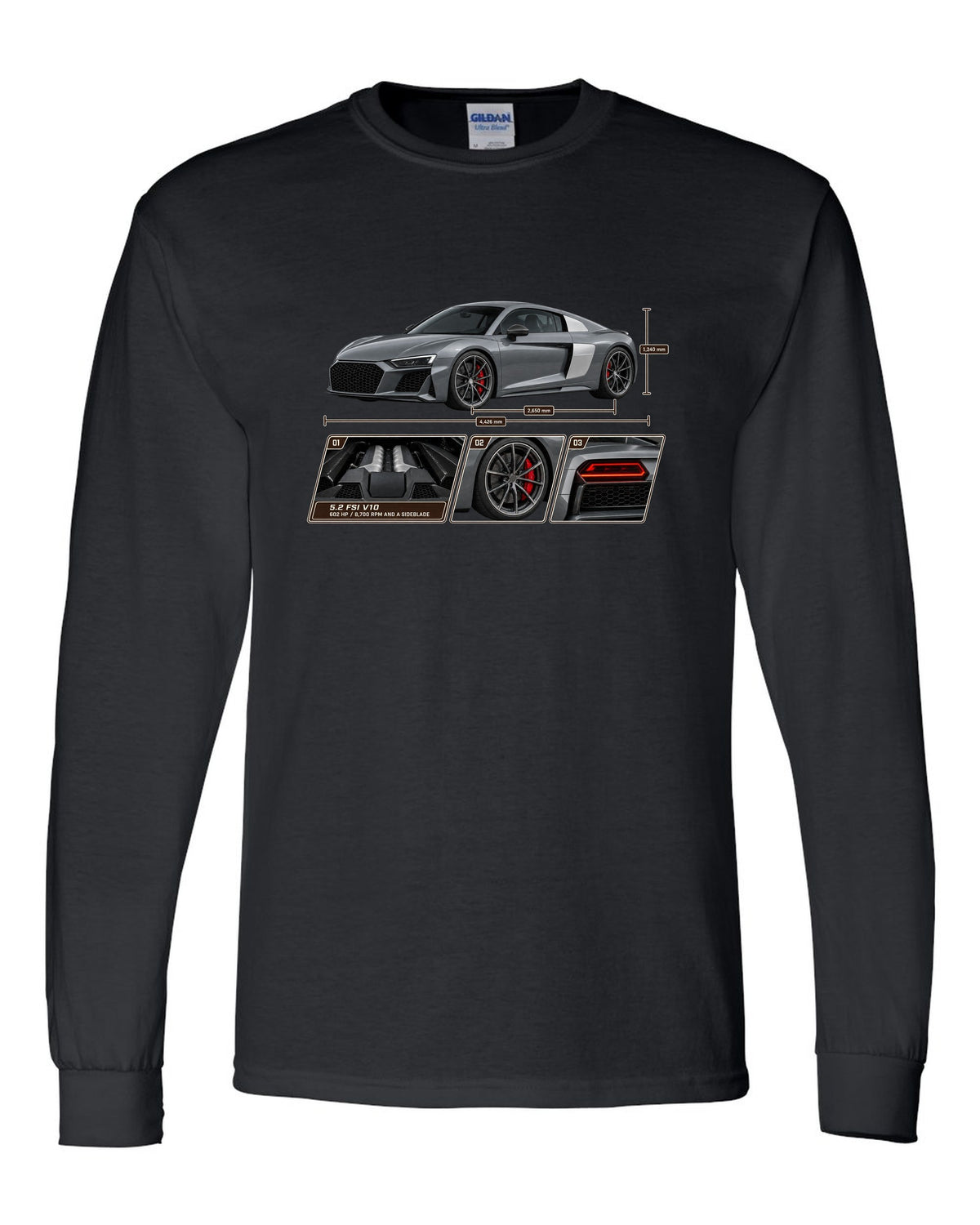 Dossier panel print of a Nardo grey Audi R8 V10 Performance black long sleeve front view with the design