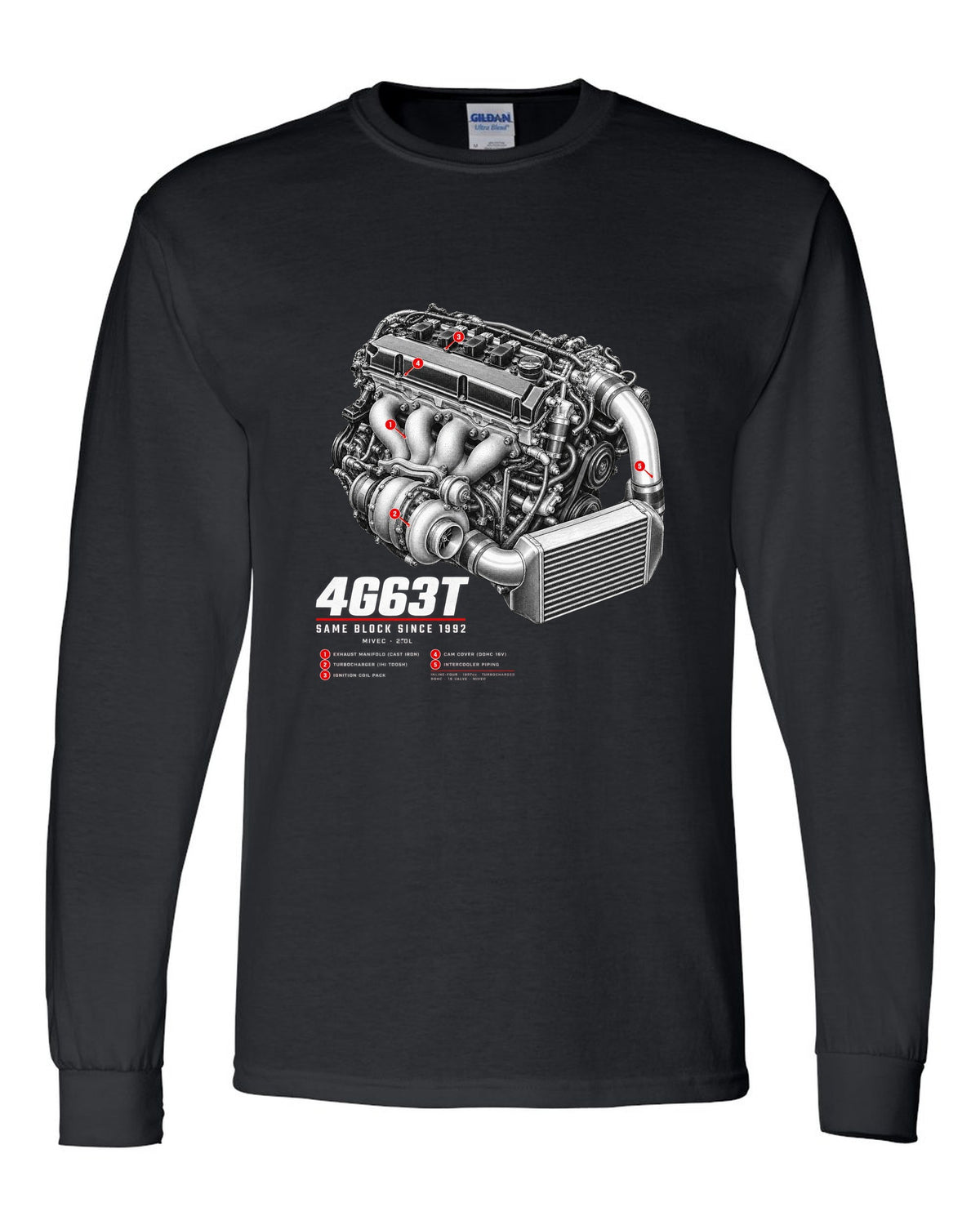 Engine hero print for the Mitsubishi Lancer Evolution IX MR CT9A reading 4G63T, MIVEC, 2.0L, same block since 1992 black long sleeve front view with the design