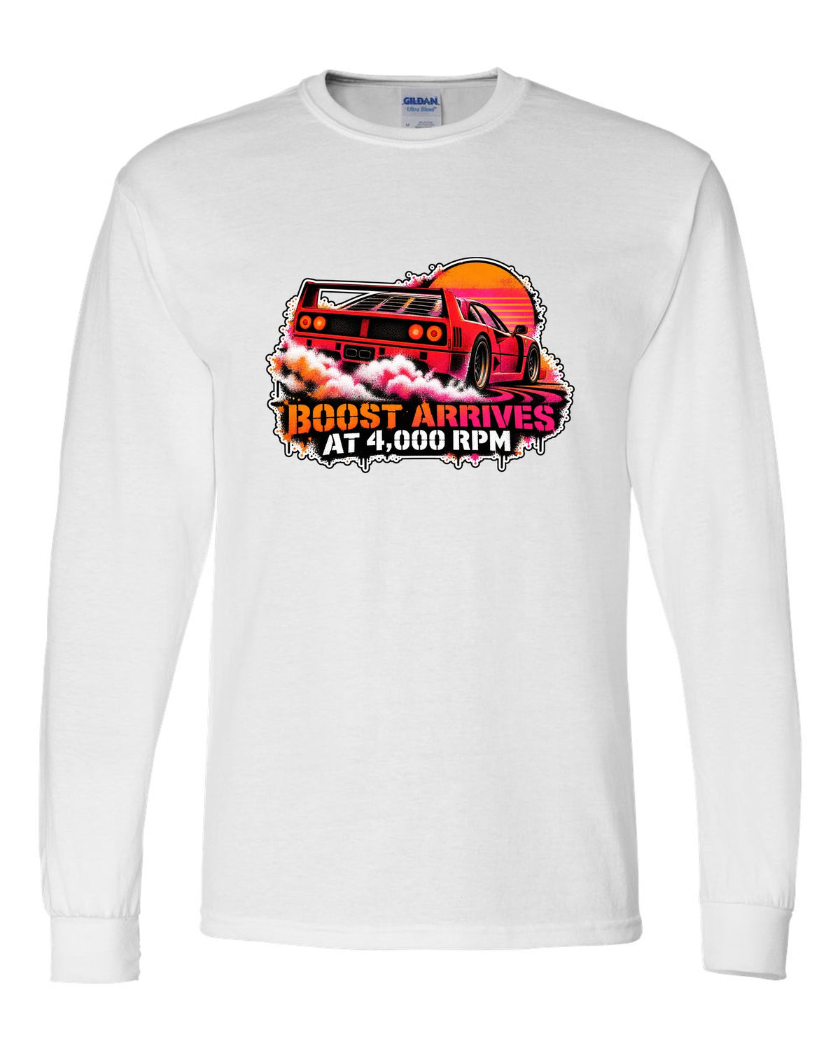 Stencil spray street-art print of a 1987 Ferrari F40 F120 with burnout and boost at 4,000 rpm text white long sleeve front view with the design