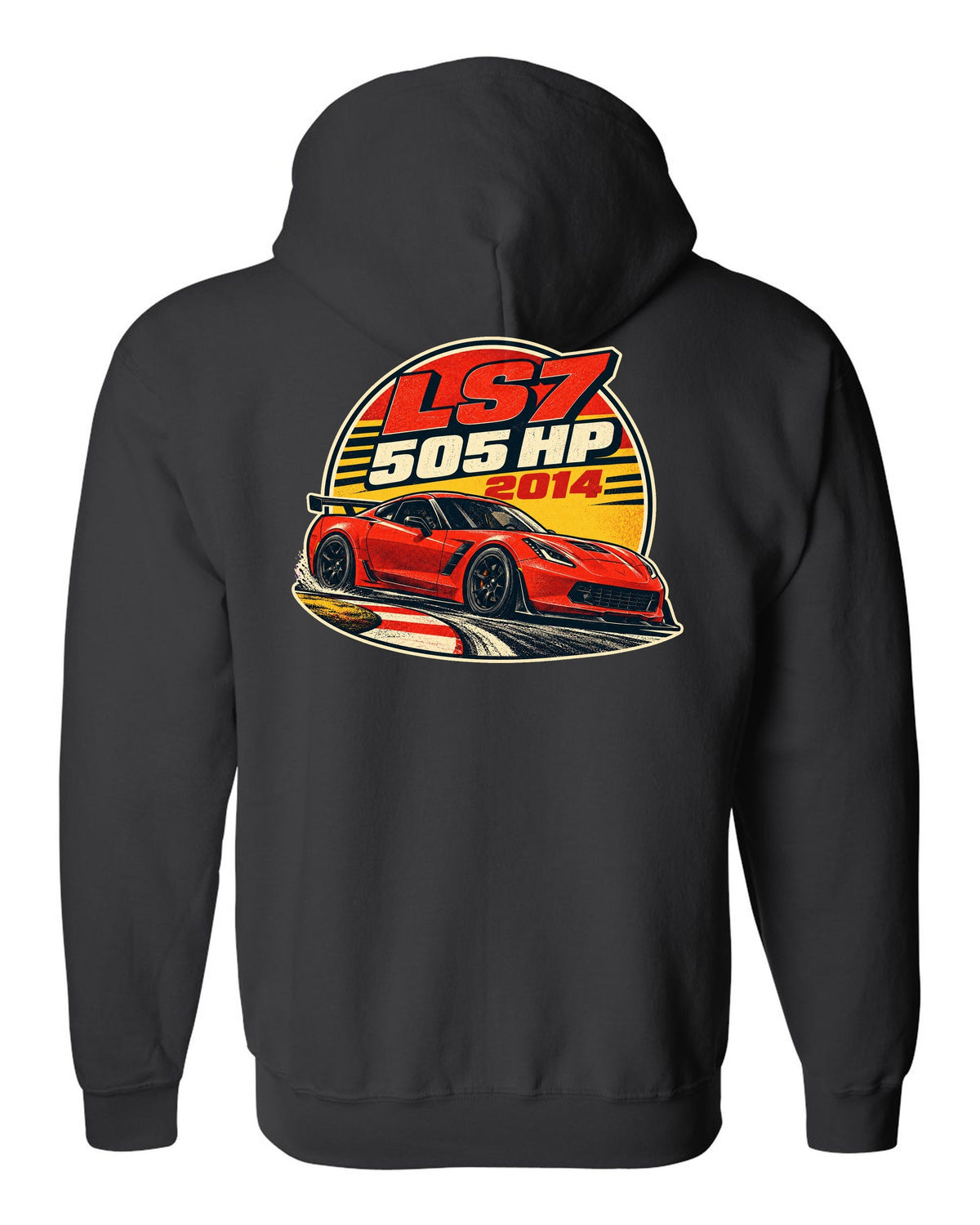2014 Chevrolet Camaro Z/28 LS7 vintage race poster print with 505 HP text black zip hoodie back view with the design