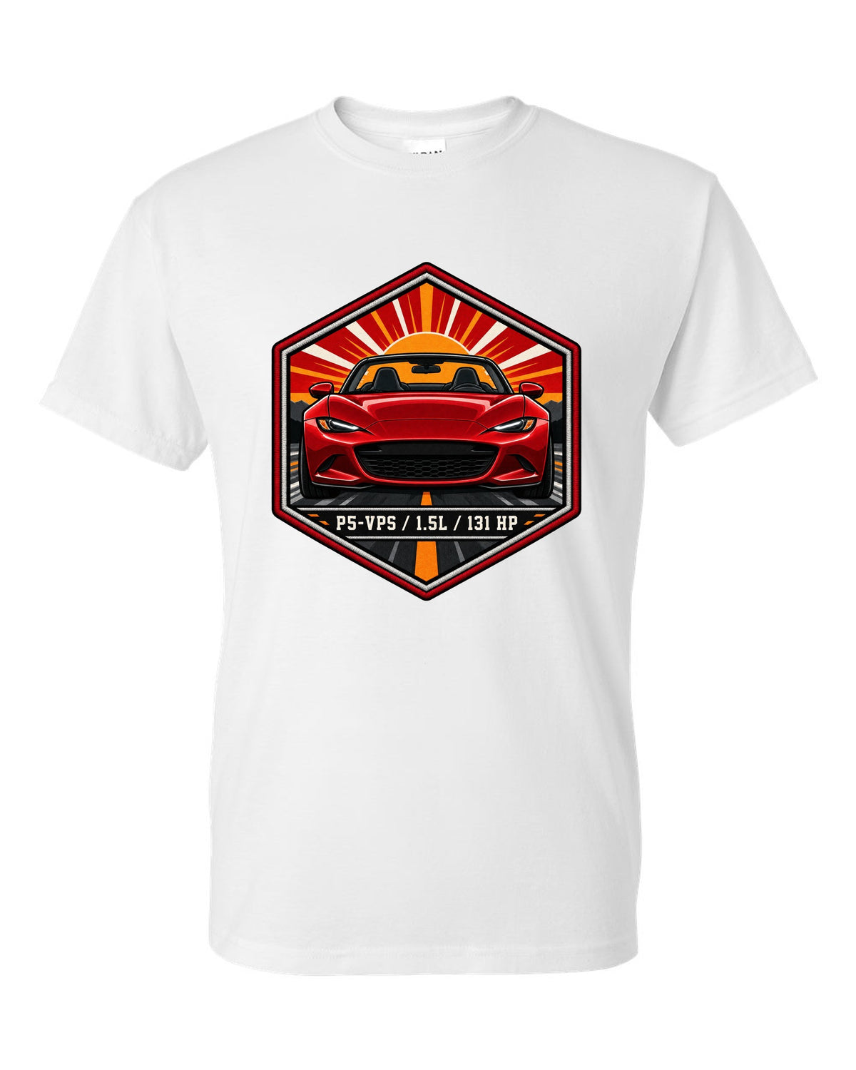 Embroidery-style hex crest of a Mazda MX-5 ND with P5-VPS 1.5L 131 HP text white t-shirt front view with the design