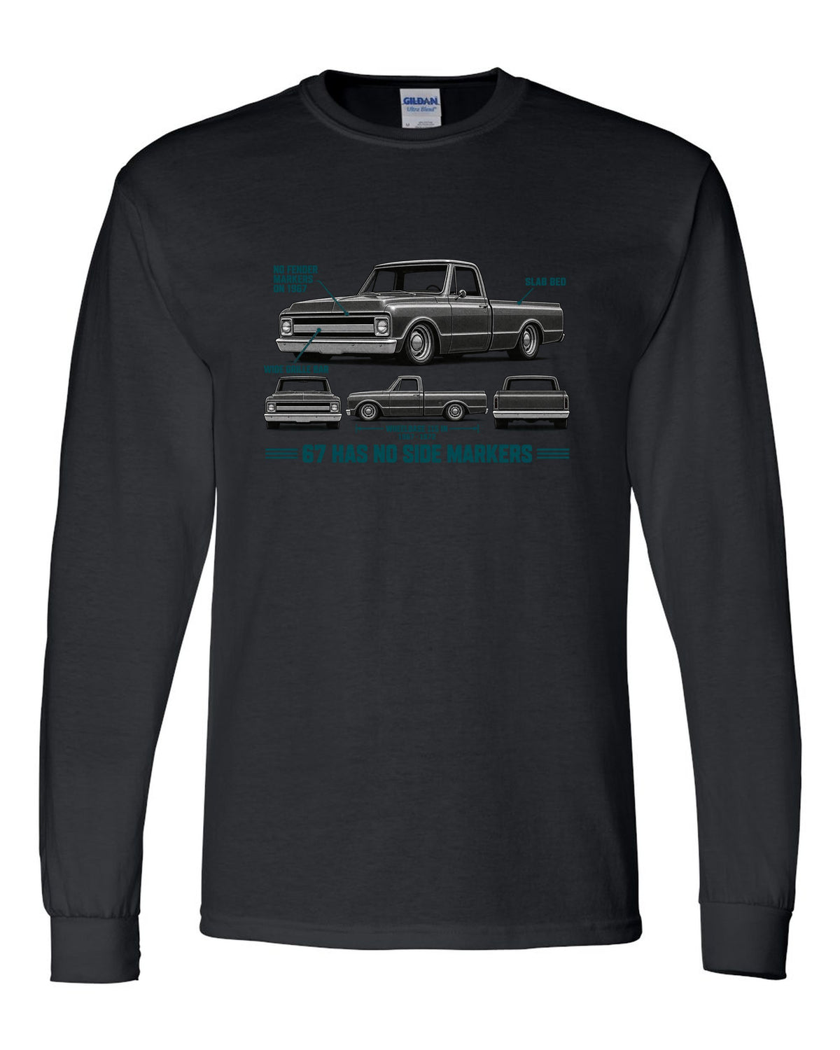 Chevrolet C10 Fleetside 1967-72 Spec Strip black long sleeve front view with the design