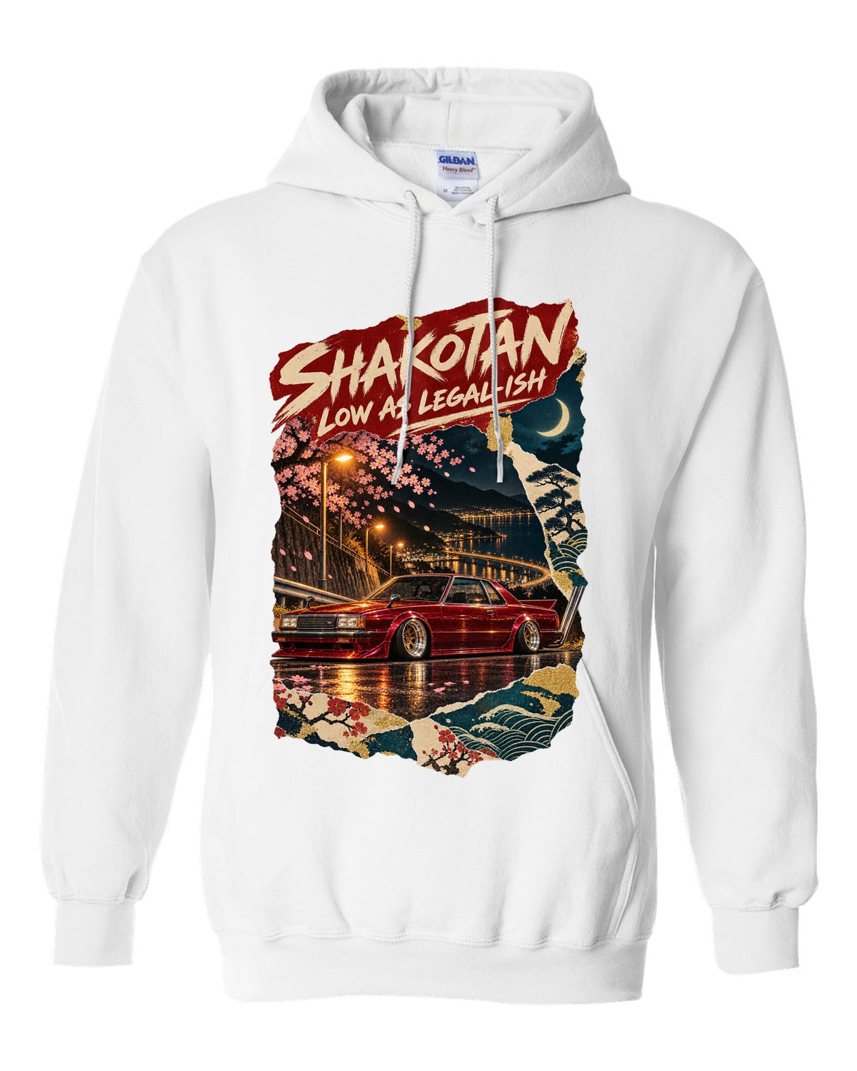 Japanese poster collage of a lowered kaido racer coupe with SHAKOTAN lettering white pull over hoodie front view with the design