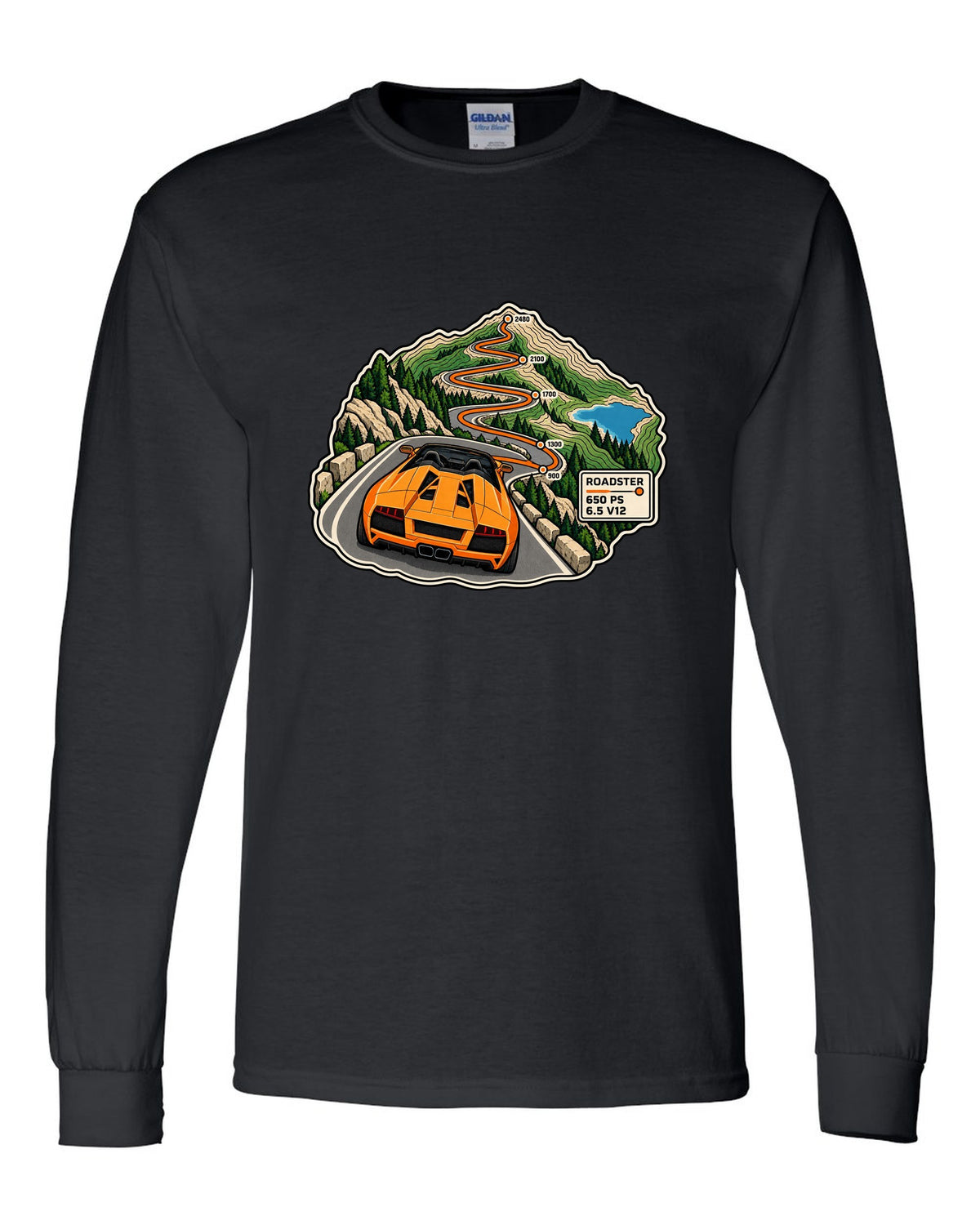 Topographic route map of a 2010 Lamborghini Murcielago LP650-4 Roadster with 650 PS and 6.5 V12 black long sleeve front view with the design