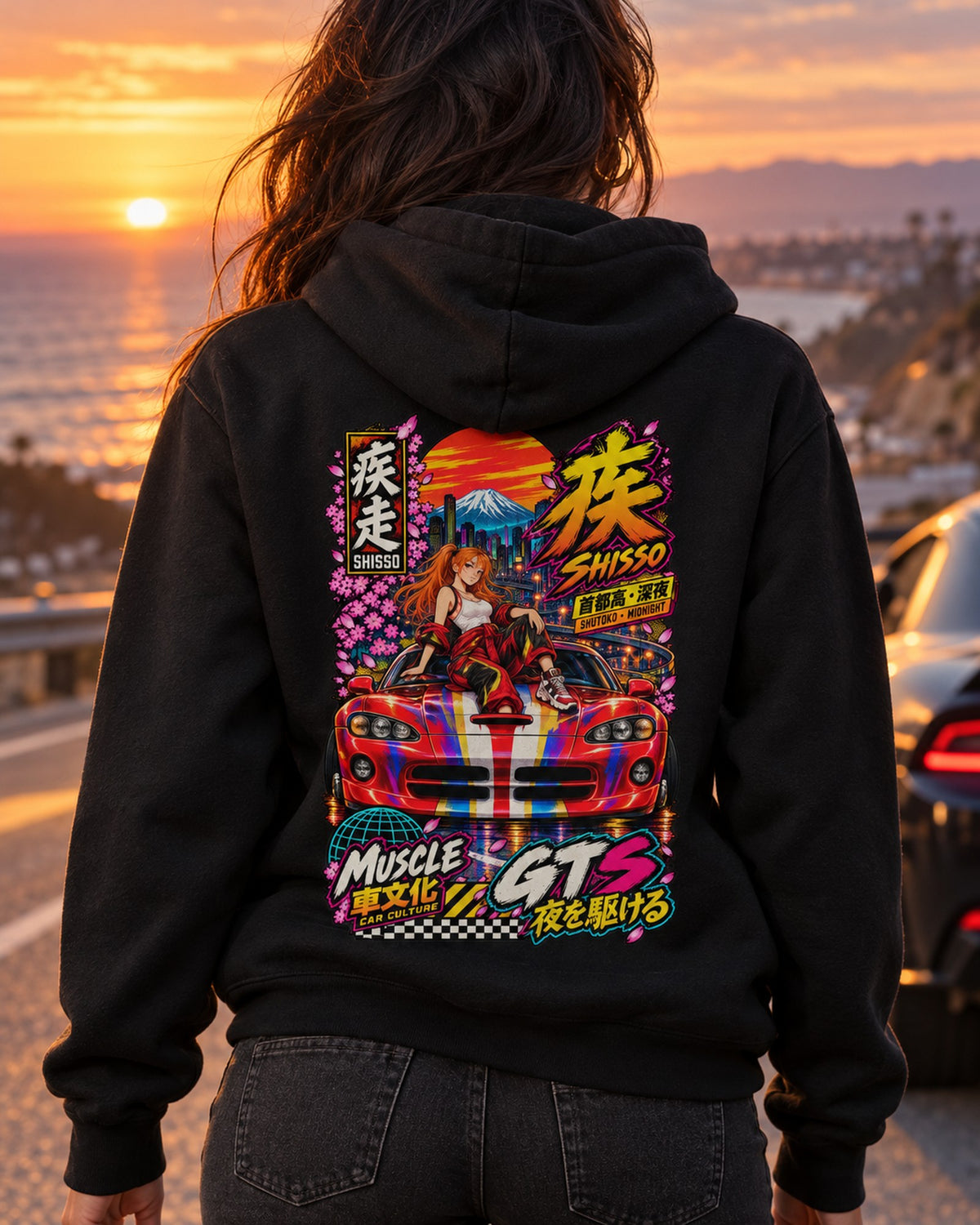 SHISSO GTS Anime Girl Full-Back Graphic Tee Pull Over Hoodie Black worn hero