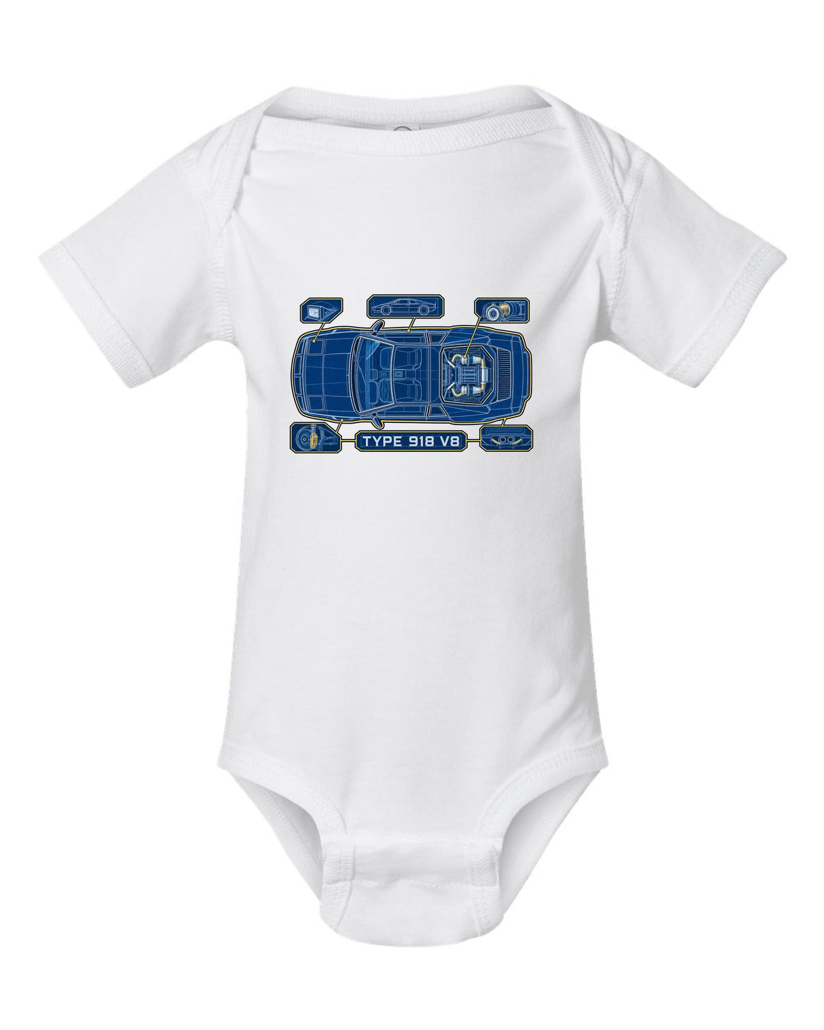 Lotus Esprit V8 cyanotype blueprint with TYPE 918 V8 lettering white baby onesie front view with the design