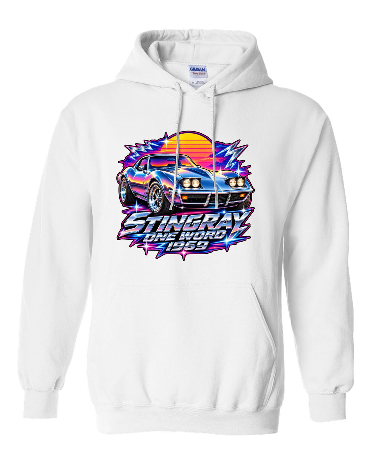 80s chrome airbrush print of a 1969 Chevrolet Corvette C3 Stingray with Stingray One Word 1969 text white pull over hoodie front view with the design