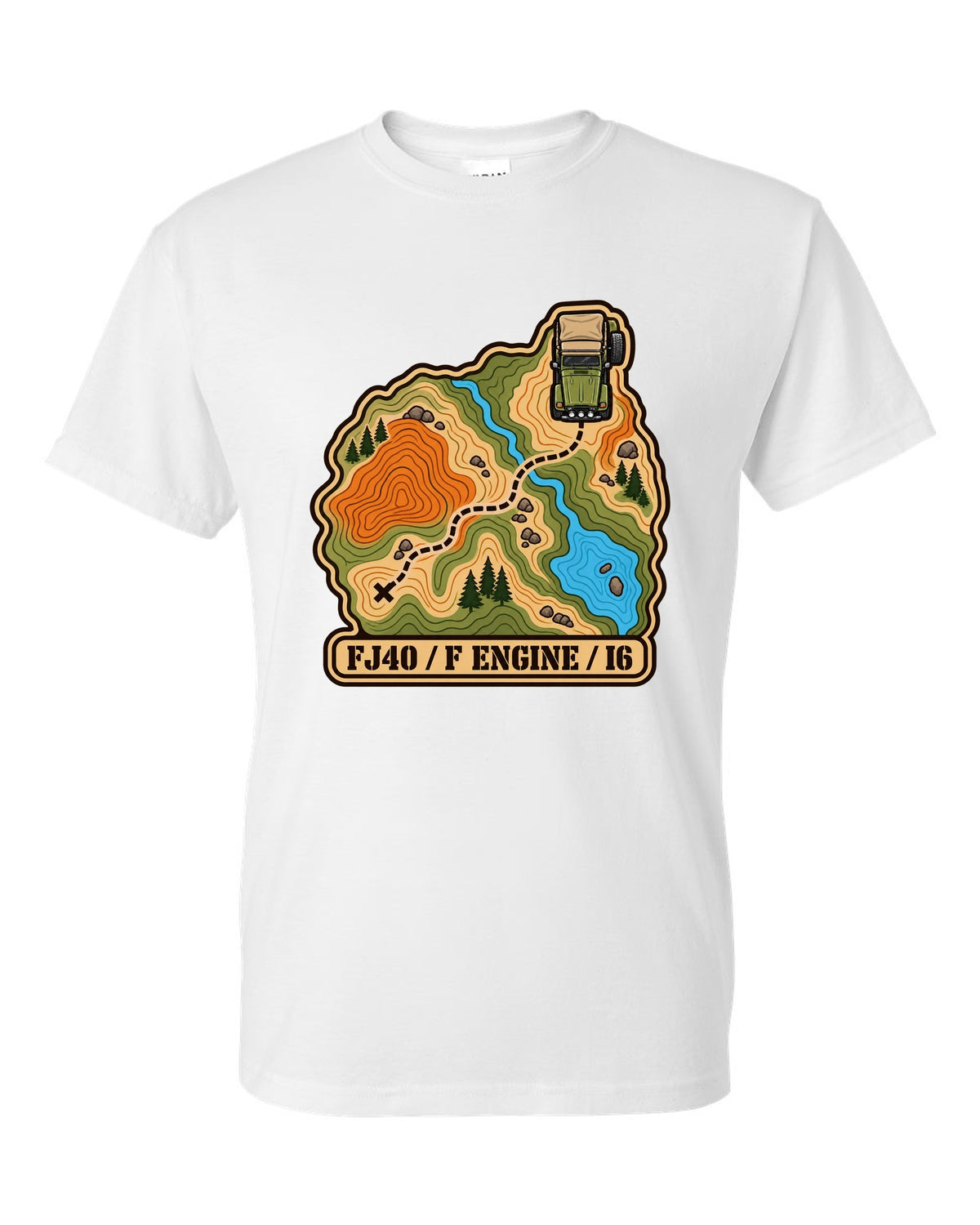 Topographic route map illustration of a Toyota Land Cruiser FJ40 with F engine I6 lettering white t-shirt front view with the design