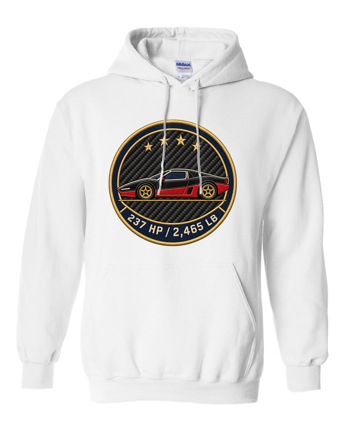 Embroidery style round crest for an Alfa Romeo 4C showing 237 HP and 2,465 LB white pull over hoodie front view with the design