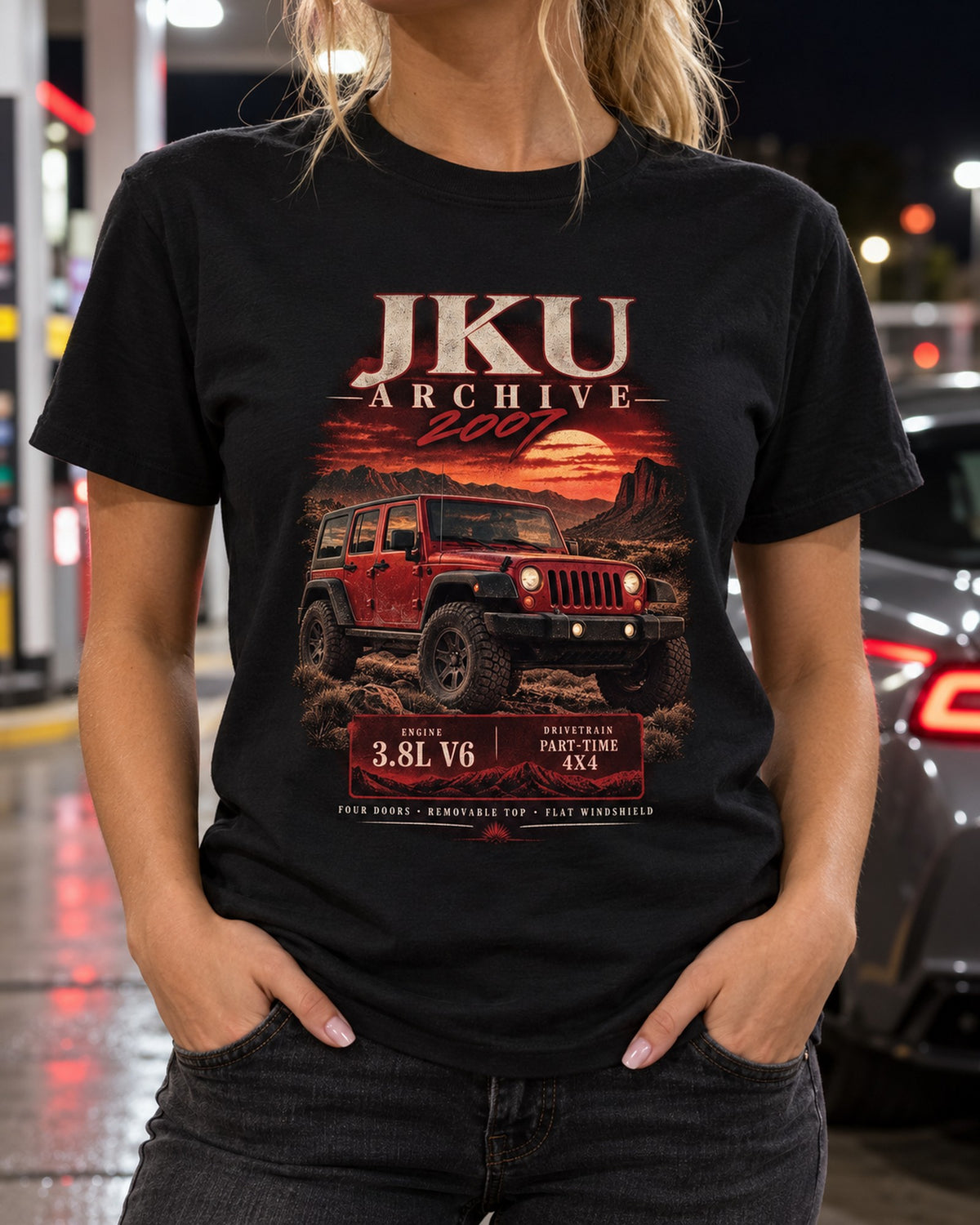 Jeep Wrangler JKU 2007 Archive Panel Tee, 3.8L V6 Four-Door T-Shirt Black worn hero