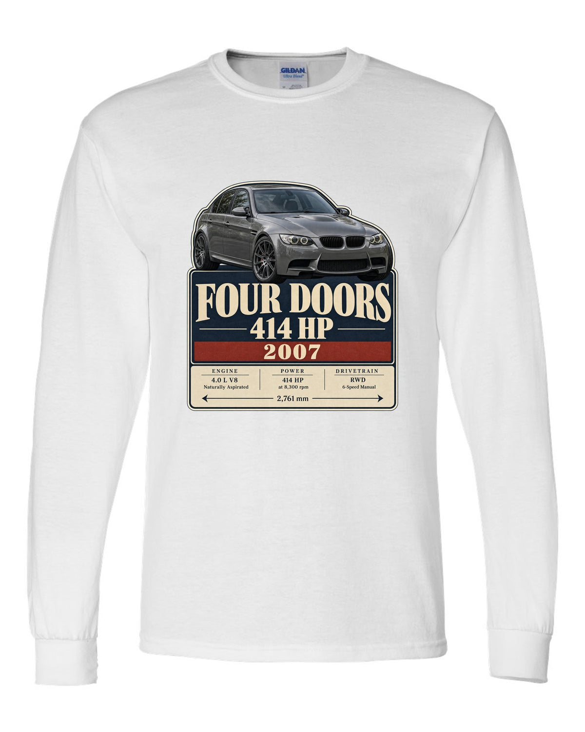 BMW M3 E90 saloon archive panel print white long sleeve front view with the design