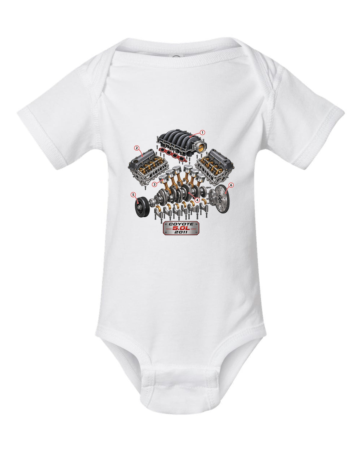 Isometric exploded cutaway of a Ford Coyote 5.0L engine for the S197 Mustang white baby onesie front view with the design