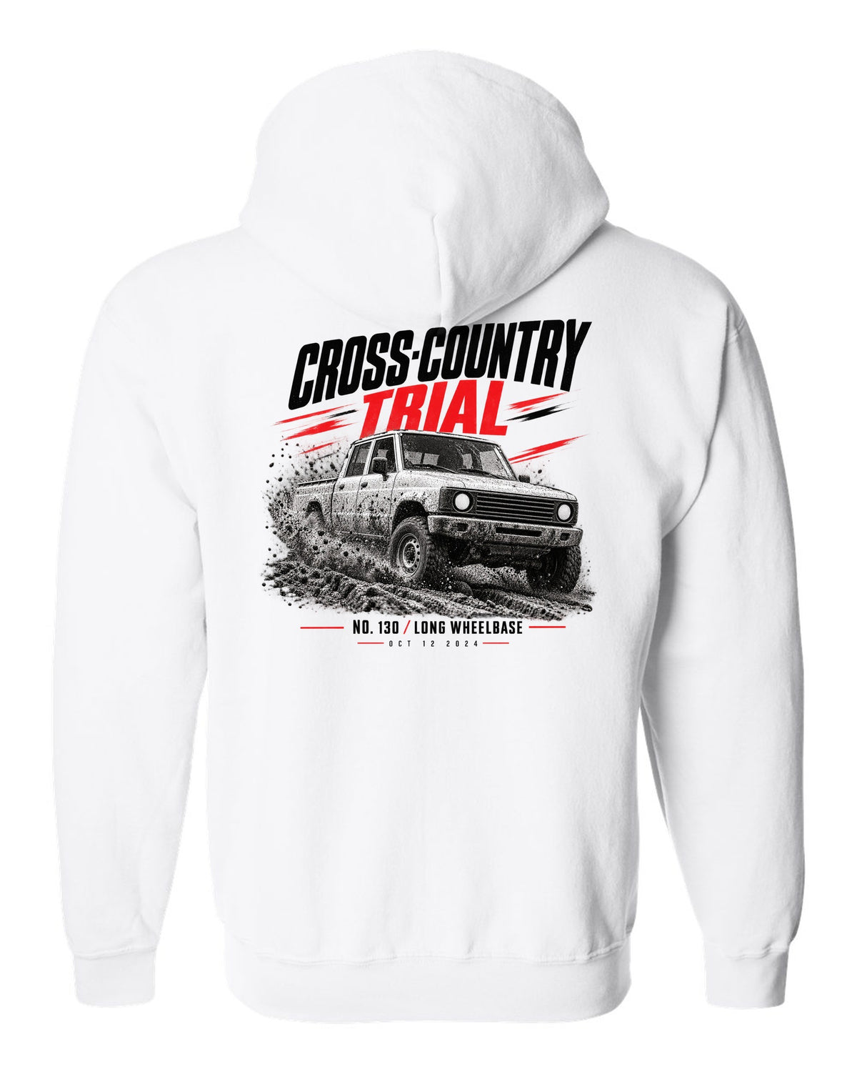 Land Rover Defender 130 cross-country trial race poster print white zip hoodie back view with the design