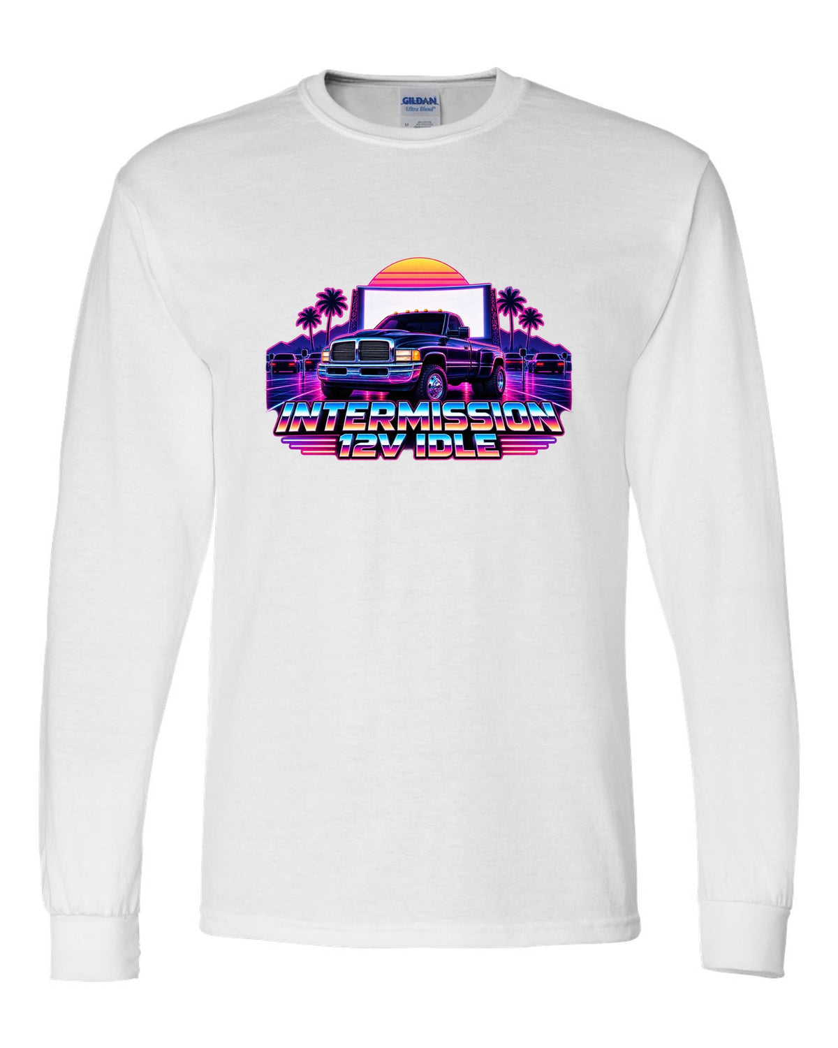 Neon synthwave grid print of a 1994-1998 Dodge Ram 2nd gen 12V with intermission 12V idle text white long sleeve front view with the design