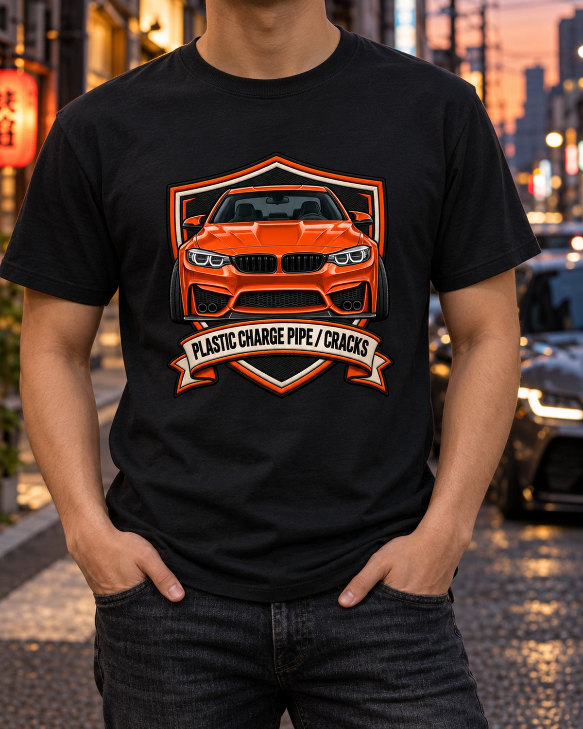 BMW F80 M3 Varsity Crest Tee, Plastic Charge Pipe Joke T-Shirt Black worn hero