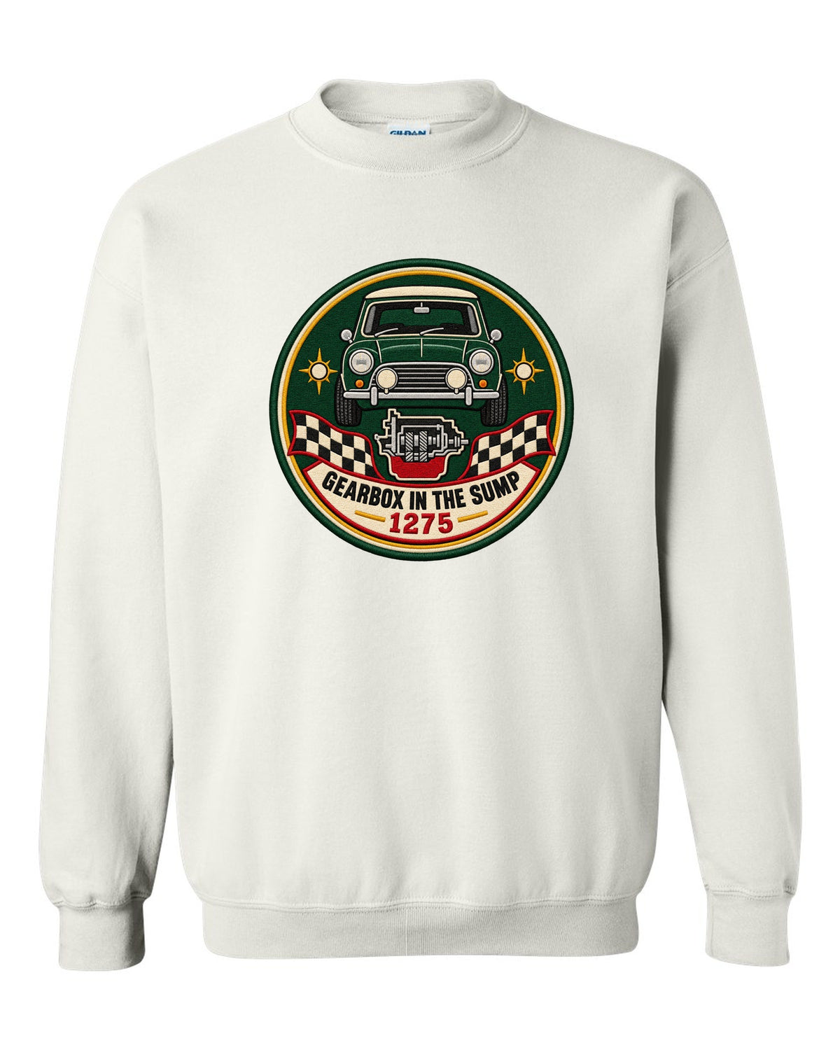 Round crest for the classic Mini Cooper S ADO15 with gearbox in the sump lettering white crewneck front view with the design