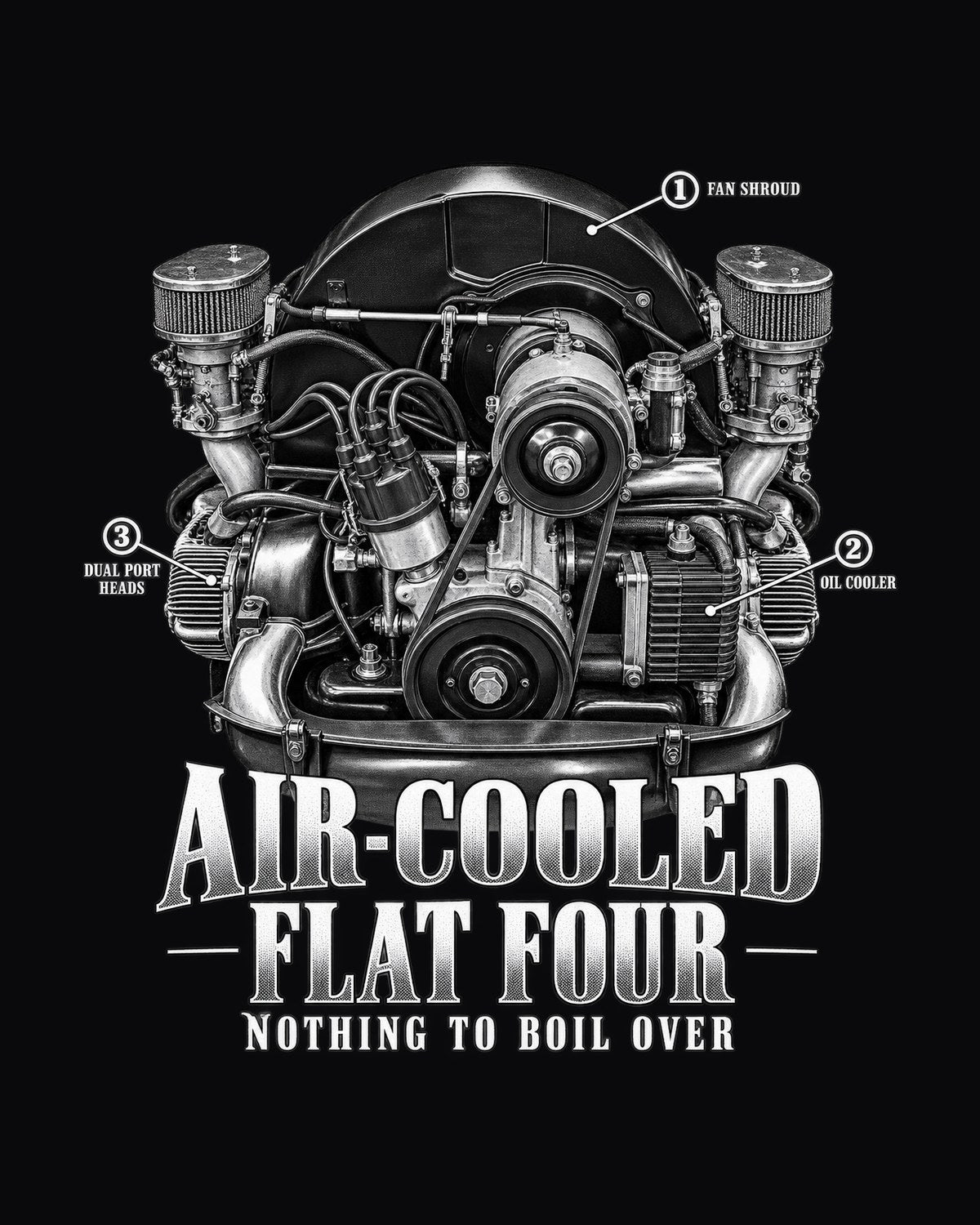 VW Beetle Air-Cooled 1600 Dual-Port Flat-Four Callout Shirt design only