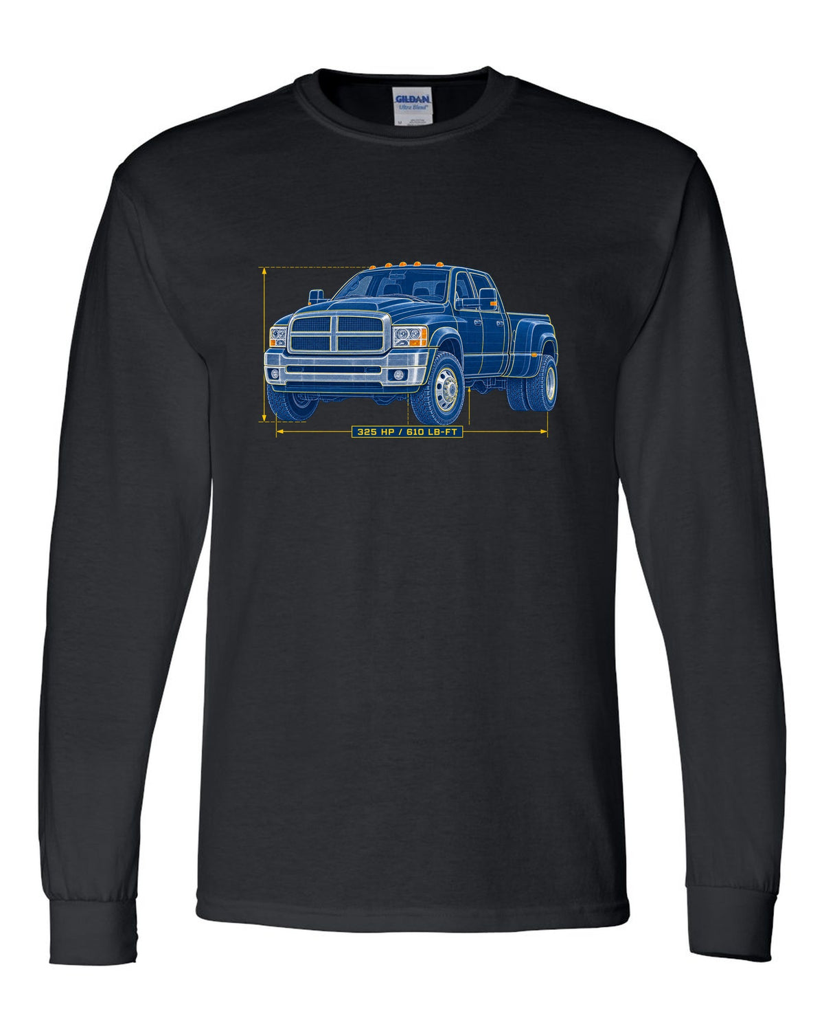 Cyanotype blueprint of a 2003-2009 Dodge Ram 3rd gen 5.9 HO with 325 HP and 610 LB-FT lettering black long sleeve front view with the design