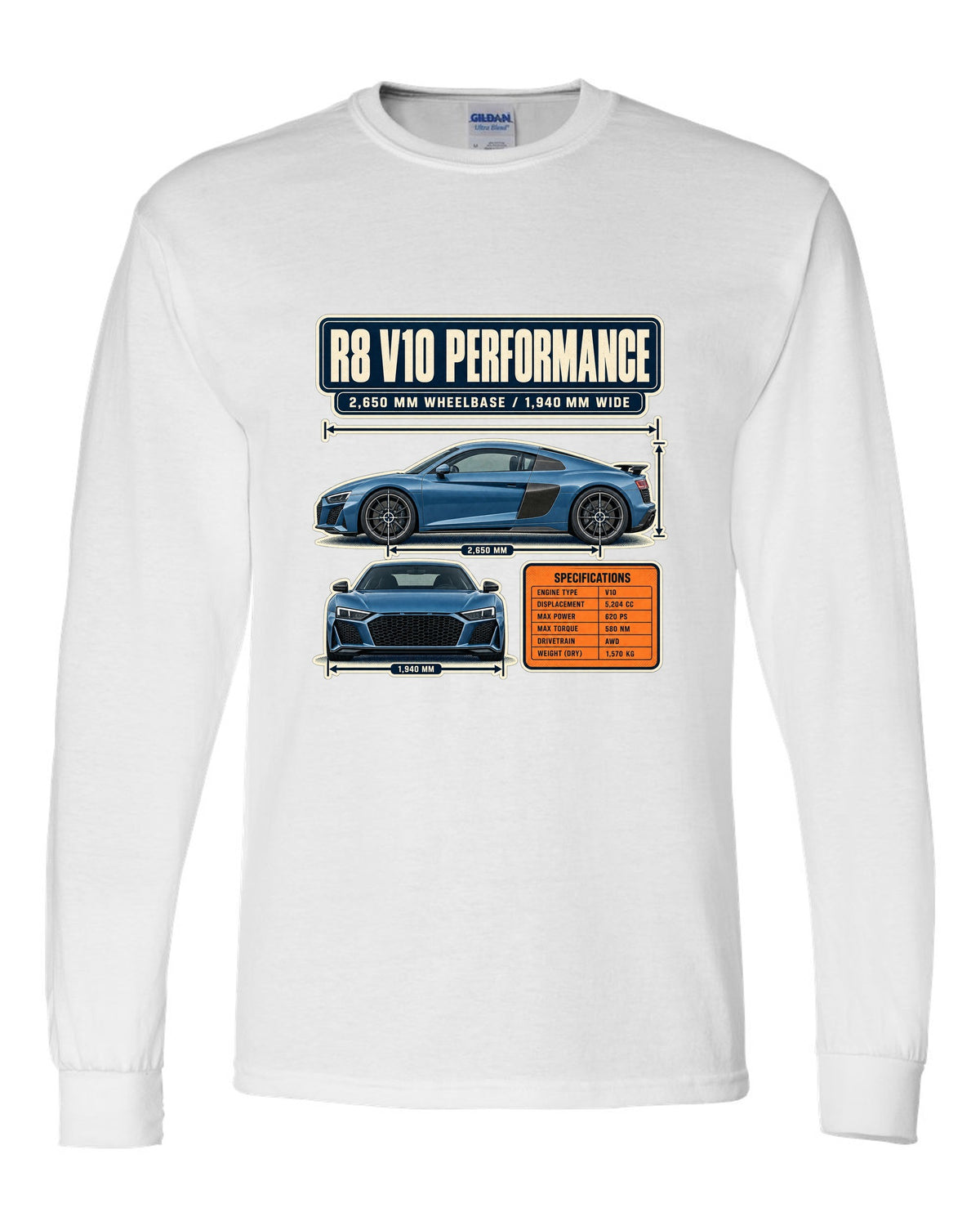 Audi R8 V10 performance Type 4S dimension blueprint print design white long sleeve front view with the design