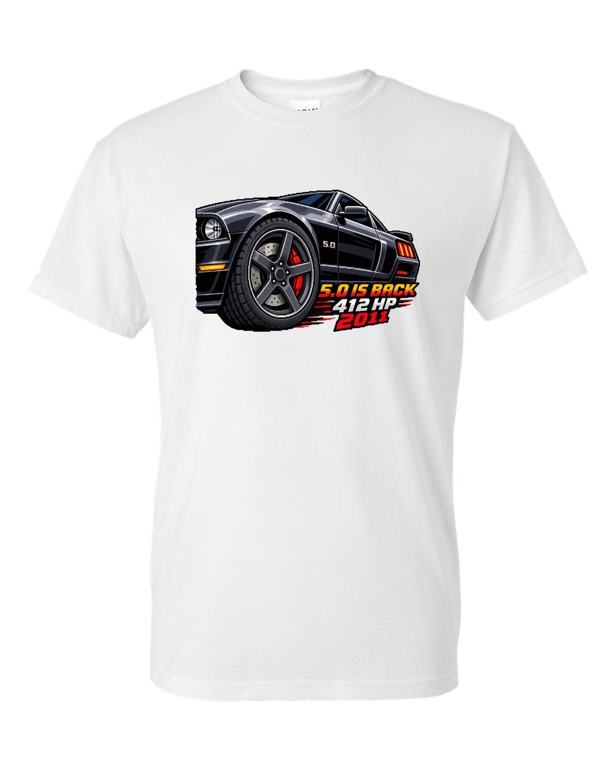 16-bit pixel art print of a Ford Mustang S197 GT wheel with 5.0 is back 412 HP text white t-shirt front view with the design