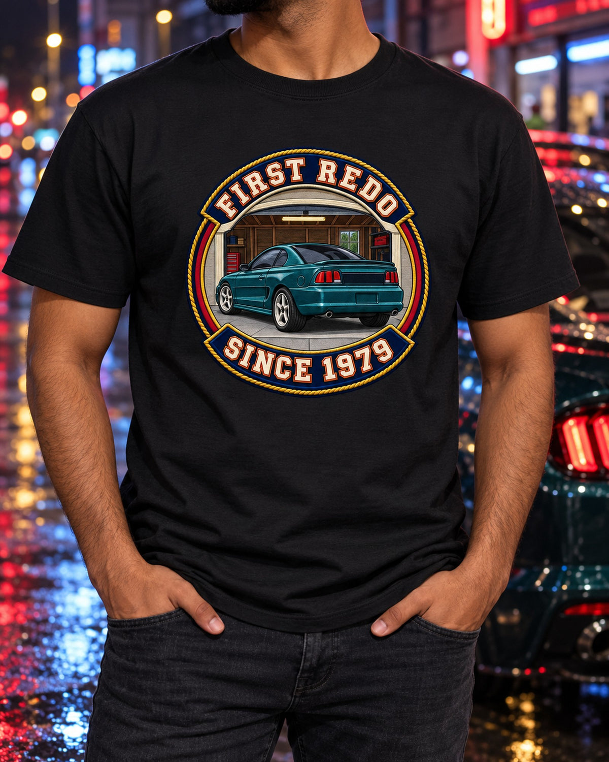 Ford Mustang SN95 Varsity Garage Crest Shirt, 1994-98 Car Tee T-Shirt Black worn hero