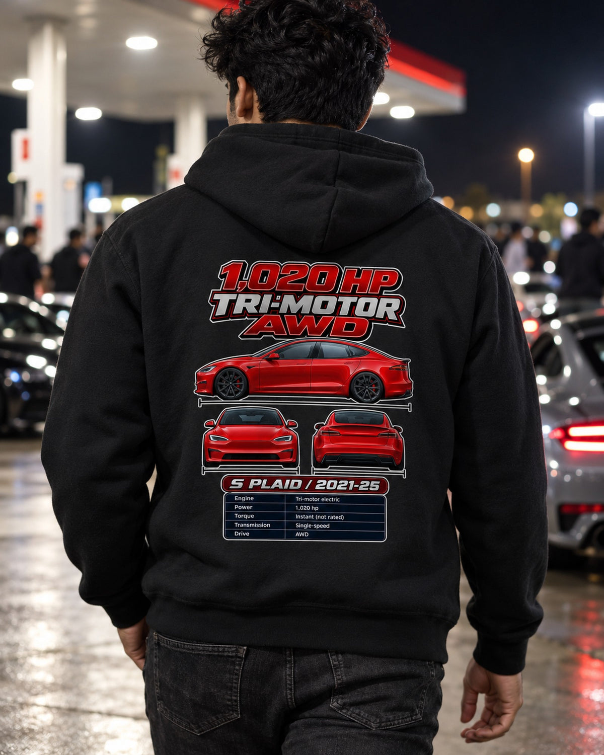 Tesla Model S Plaid Spec Sheet Full-Back Graphic Tee Zip Hoodie Black worn hero