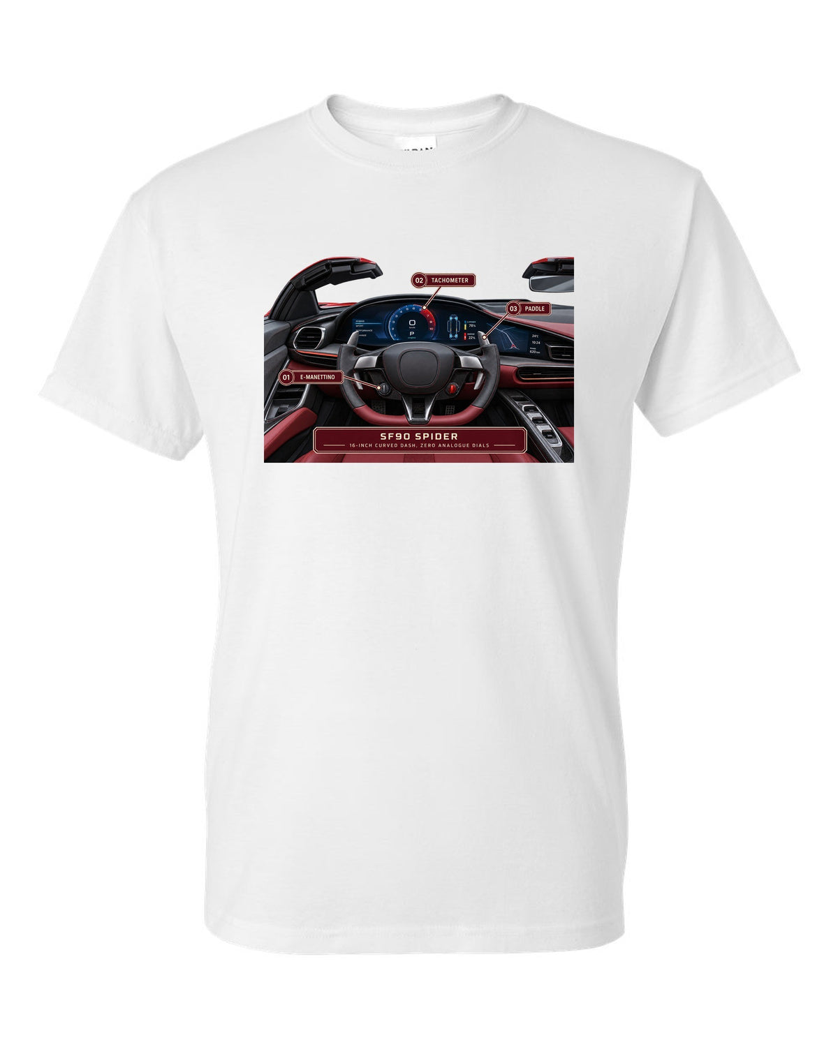 Ferrari SF90 Spider cockpit gauge print with 16-inch curved dash text white t-shirt front view with the design