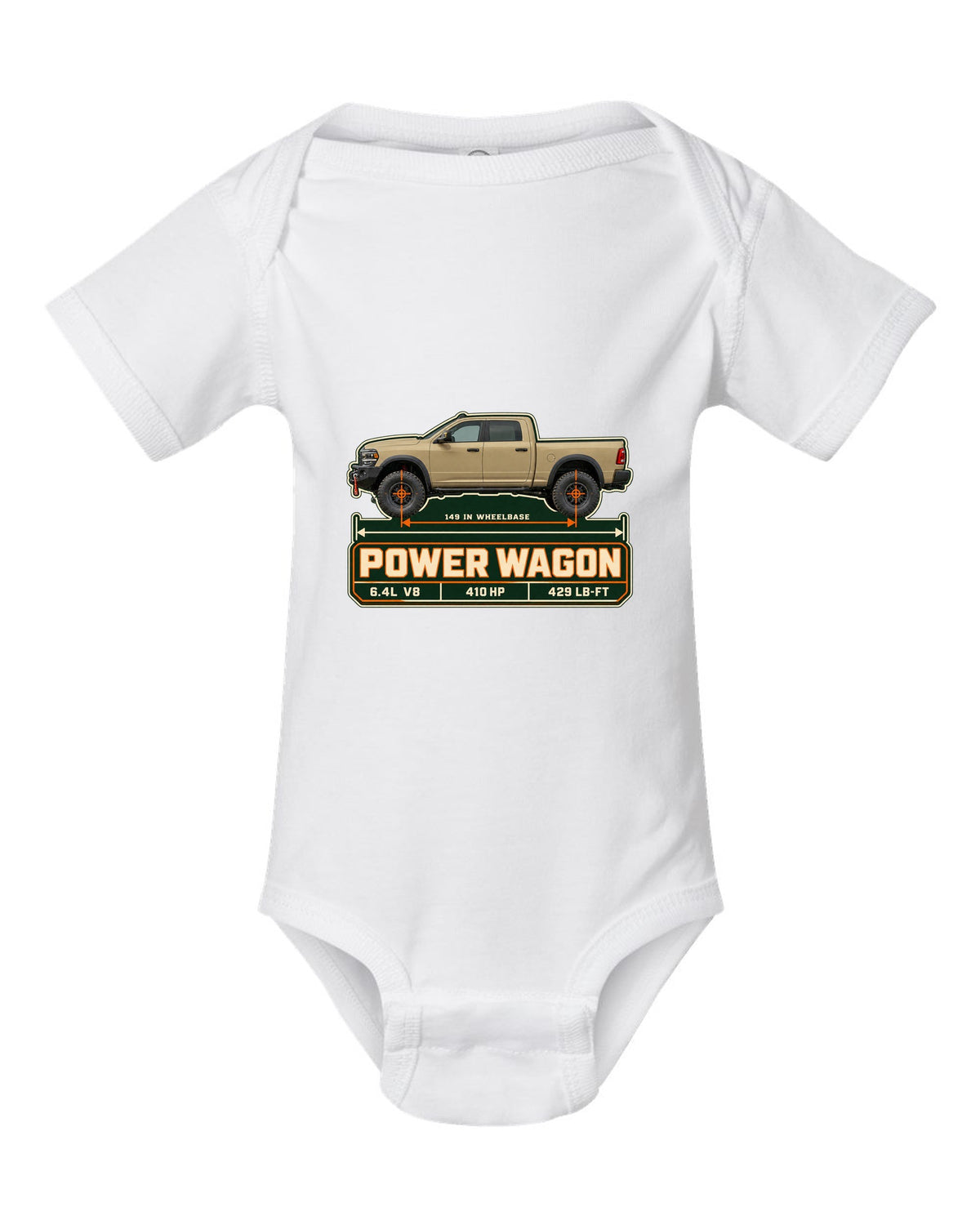 Ram 2500 Power Wagon dimension blueprint plate print with 149 inch wheelbase white baby onesie front view with the design