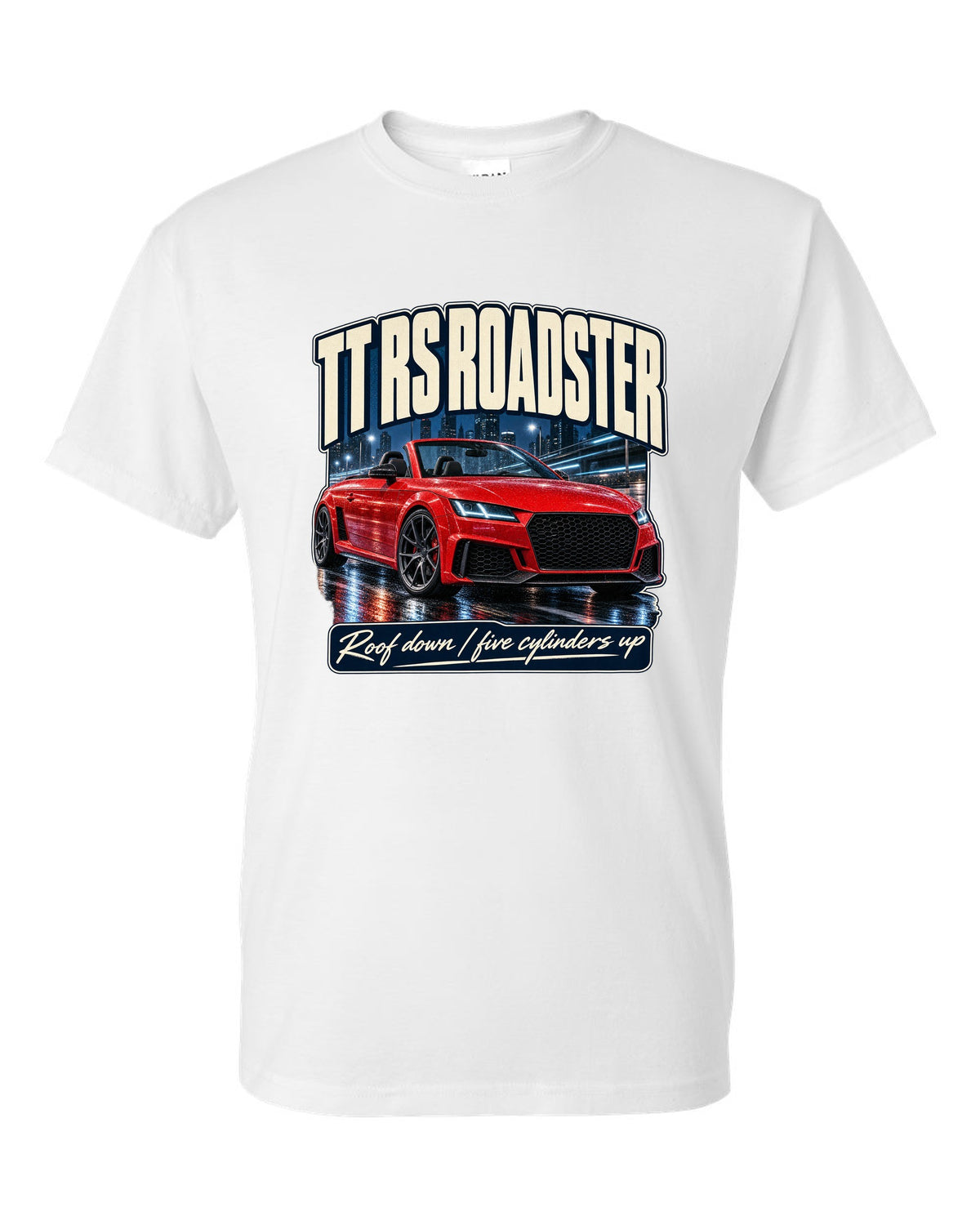 Audi TT RS Roadster 8S street poster print, roof down white t-shirt front view with the design