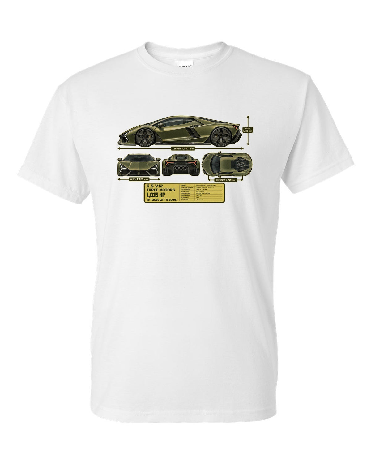 print dimension blueprint of a Lamborghini Revuelto in olive-grey white t-shirt front view with the design