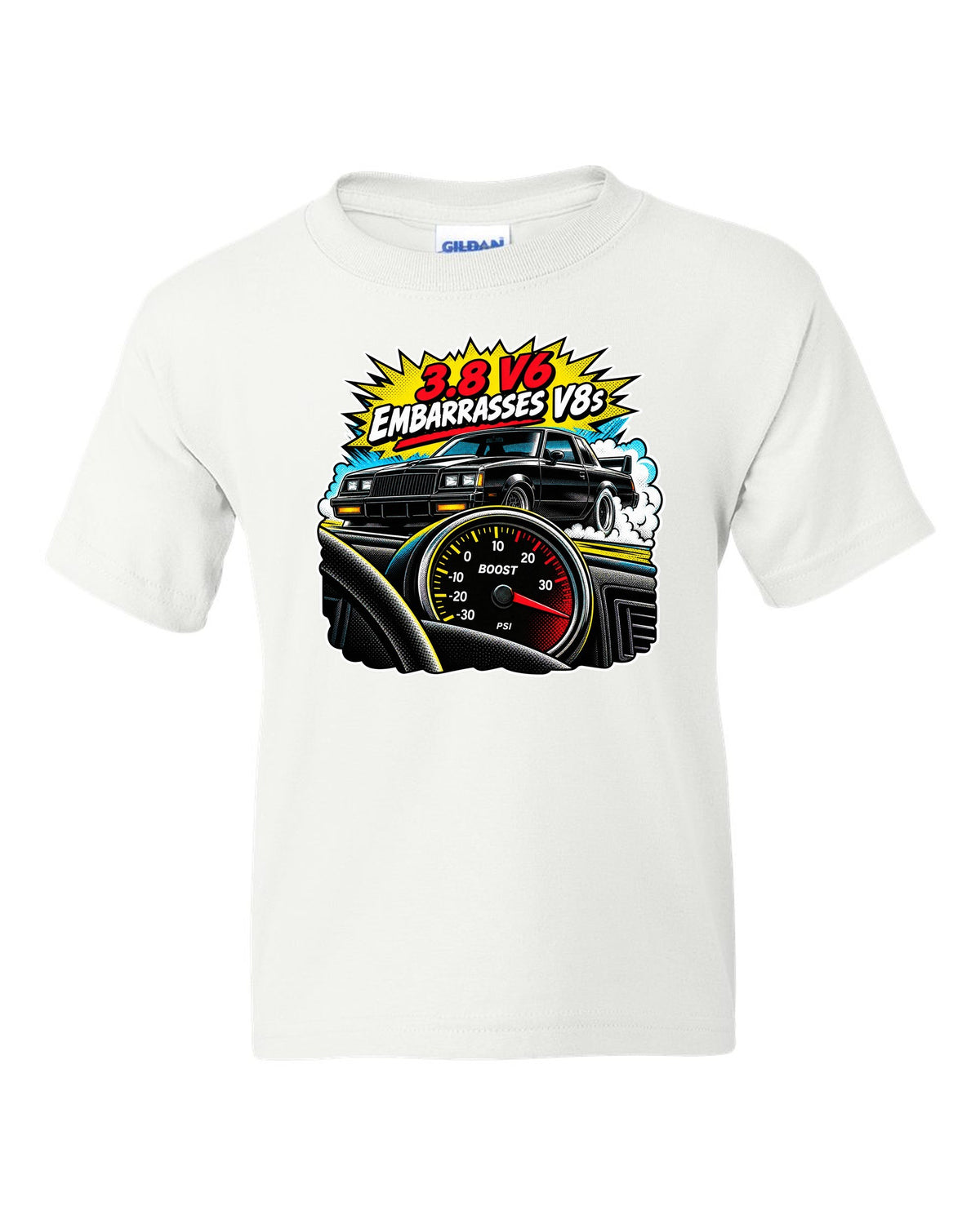 Comic halftone pop-art illustration of a 1987 Buick Grand National with boost gauge and V6 lettering white kids tee front view with the design