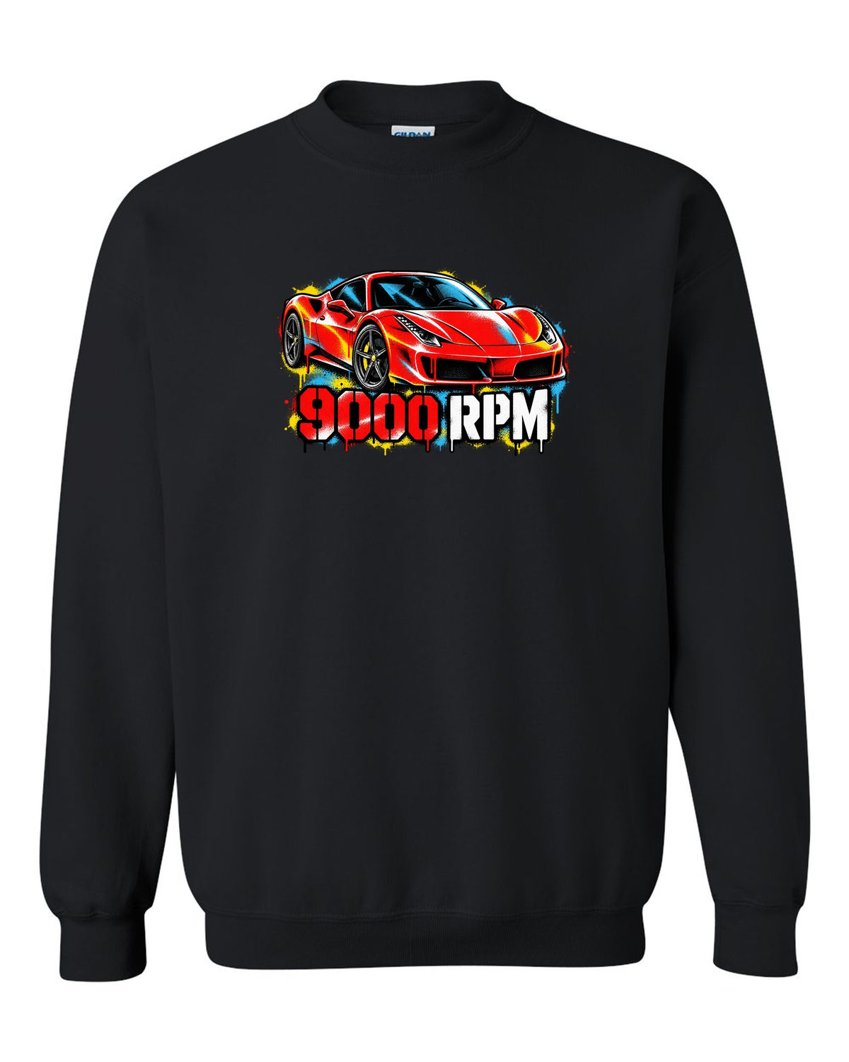 Stencil spray street art of the Ferrari 458 Italia with 9000 RPM text black crewneck front view with the design