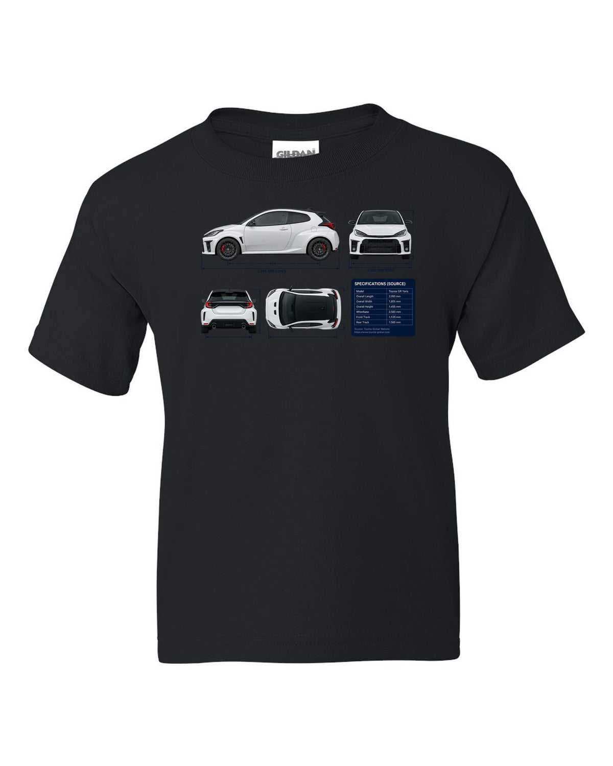Toyota GR Corolla Morizo Edition Blueprint black kids tee front view with the design