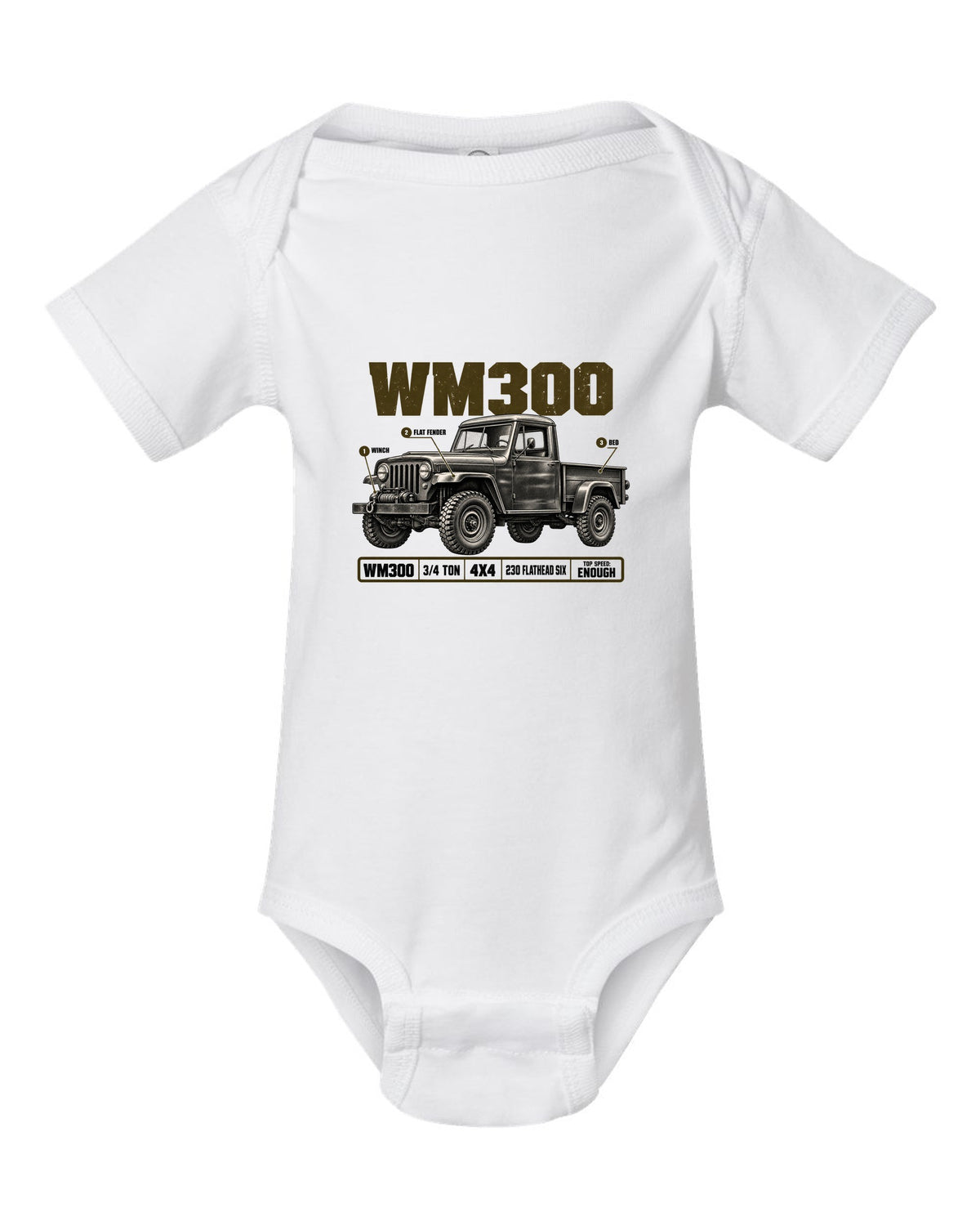 Spec poster print of a 1960-1971 Dodge Power Wagon WM300 flat fender truck white baby onesie front view with the design