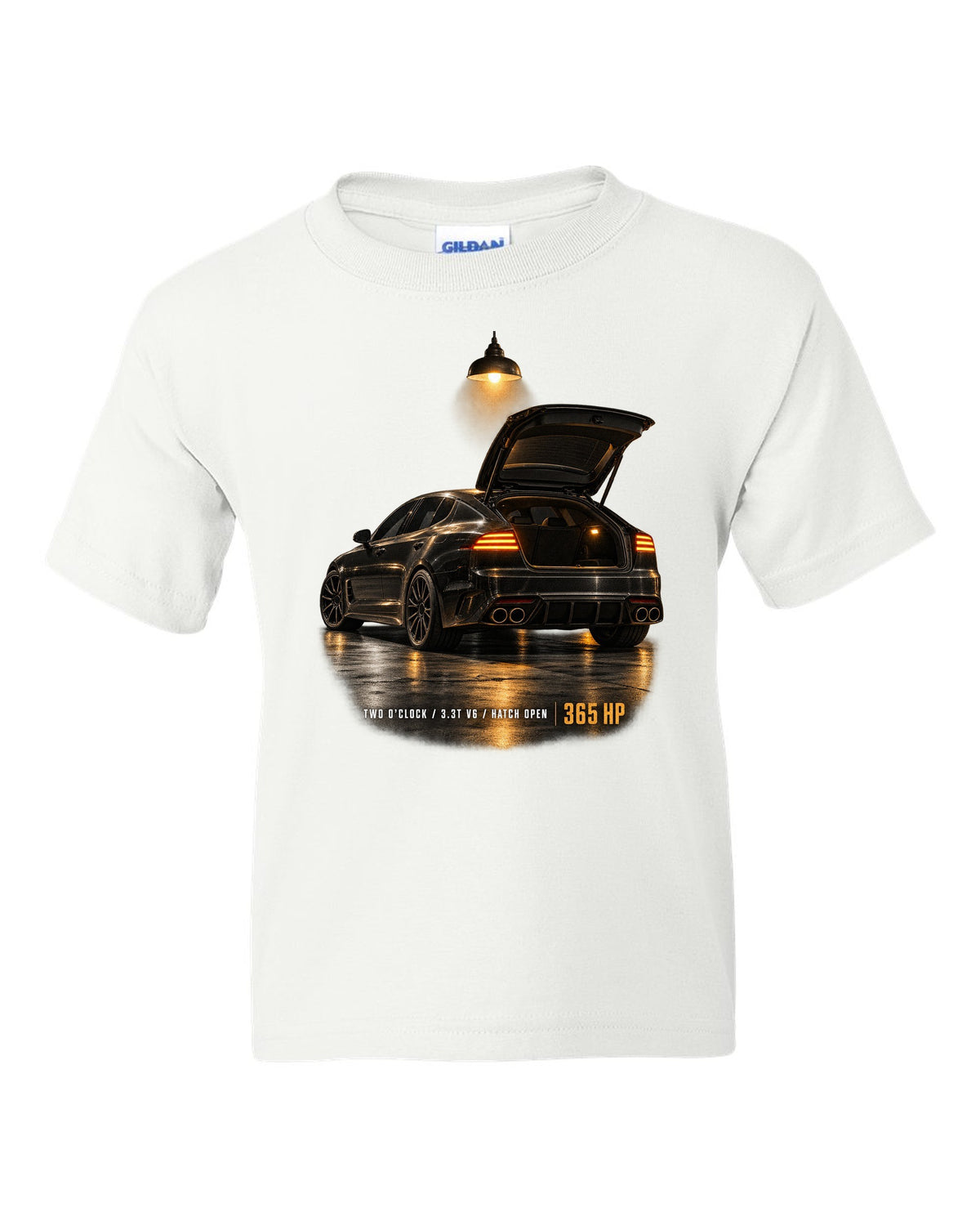 Kia Stinger GT CK garage night print with ch open and 3.3T V6 text white kids tee front view with the design