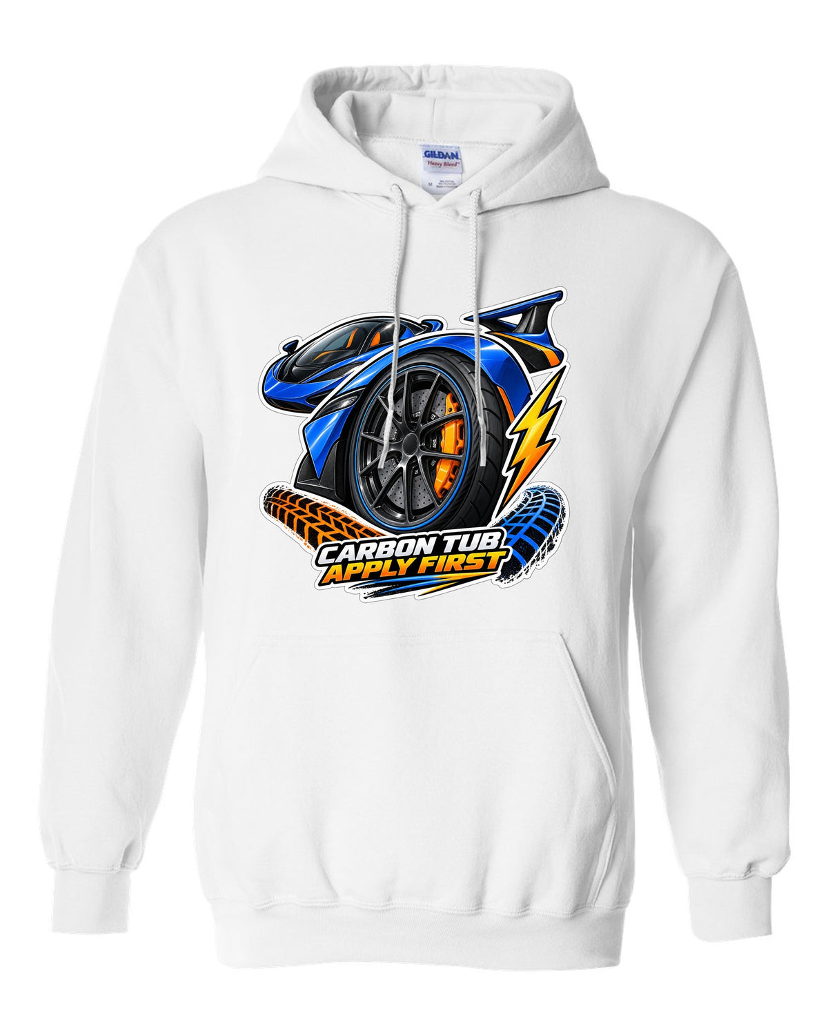 Sticker-bomb collage print for the 2017-2022 Ford GT with carbon tub text white pull over hoodie front view with the design