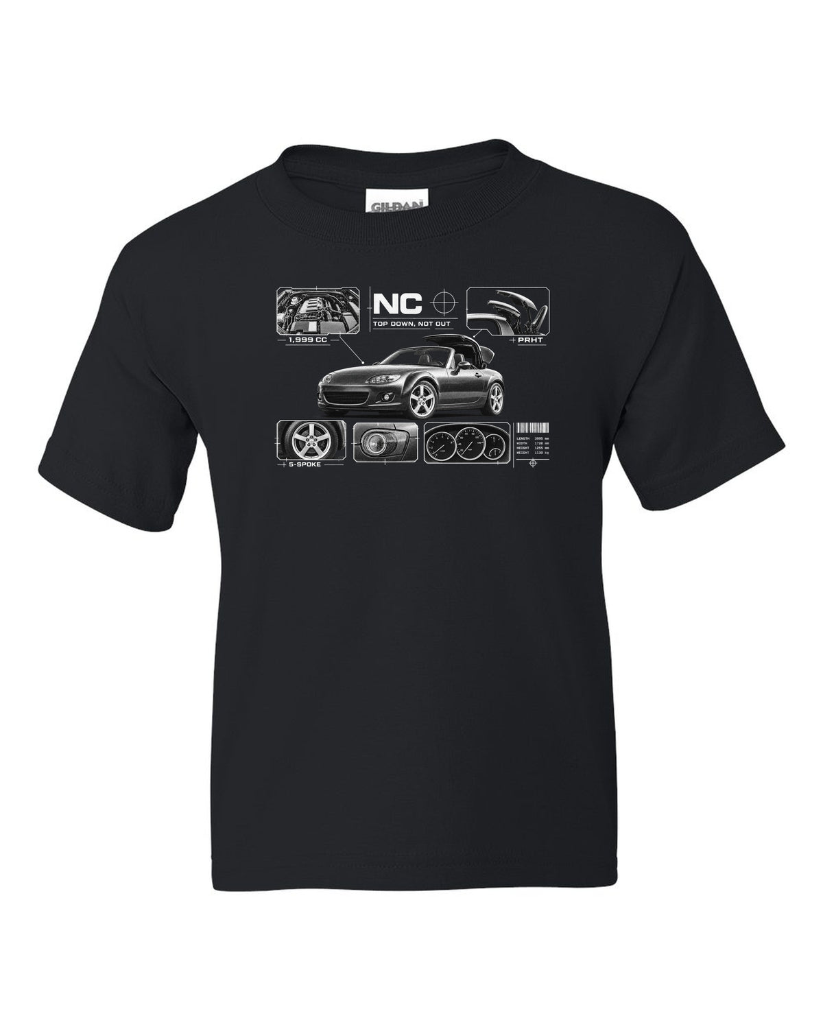 Dossier panel print of a Mazda MX-5 NC PRHT with roof and 1,999 cc lettering black kids tee front view with the design