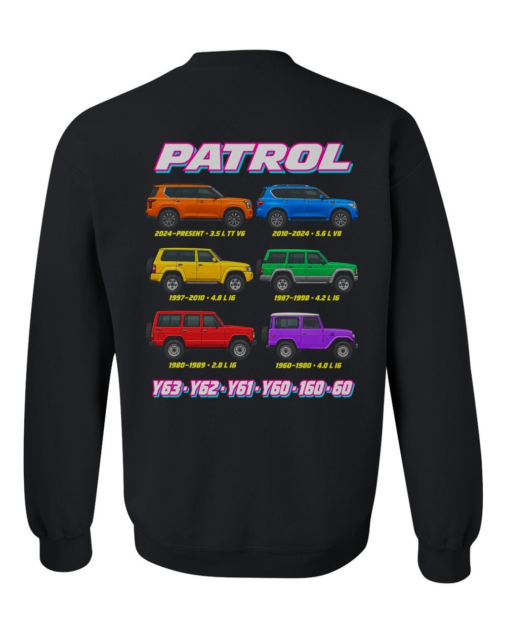 Nissan Patrol evolution poster black crewneck back view with the design