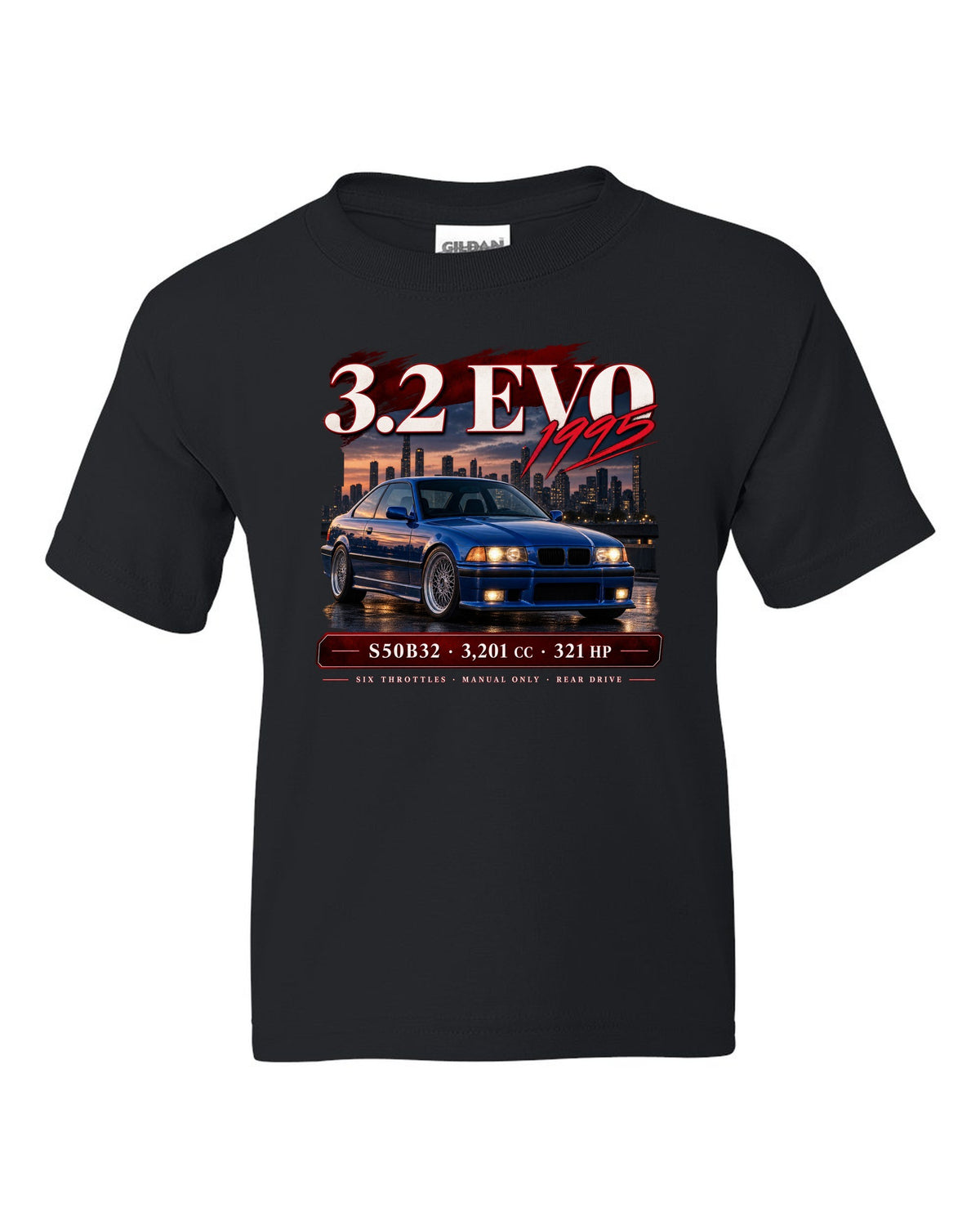 BMW E36 M3 3.2 Evo coupe archive panel print with S50B32 and 321 HP text black kids tee front view with the design