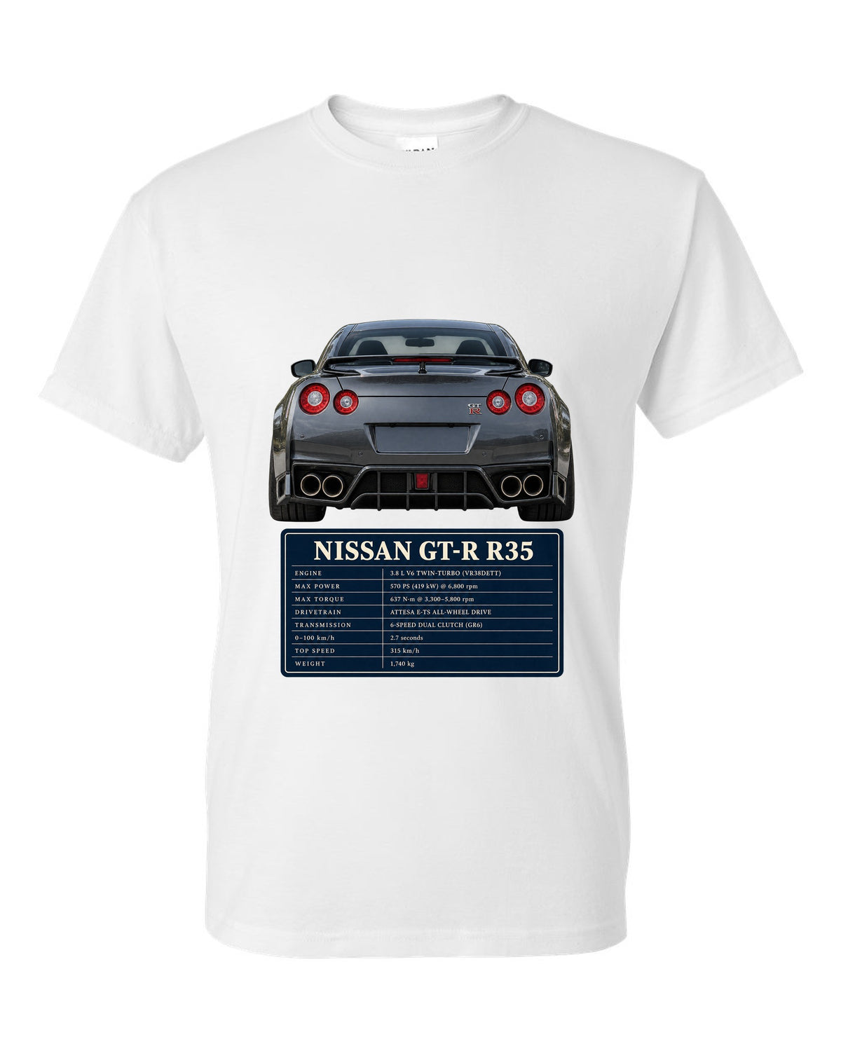 Close crop of Nissan GT-R R35 2014 Premium round taillights white t-shirt front view with the design
