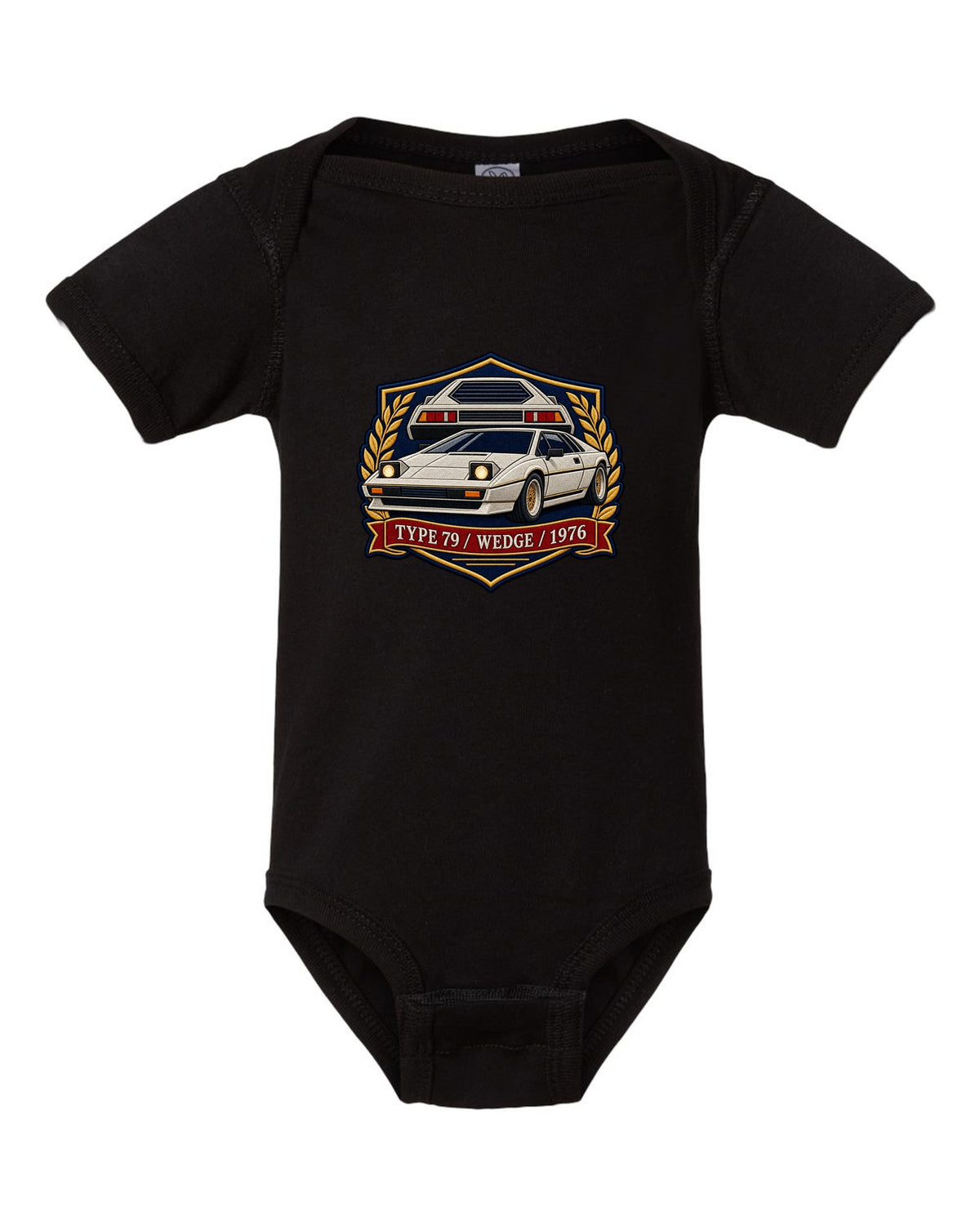 Lotus Esprit Type 79 varsity crest with TYPE 79 WEDGE 1976 lettering black baby onesie front view with the design