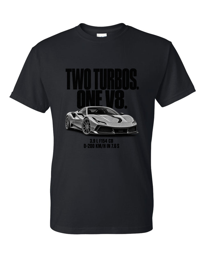Halftone print for the Ferrari F8 Tributo with the text Two Turbos, One V8 and 0-200 km/h in 7.6 s black t-shirt front view with the design