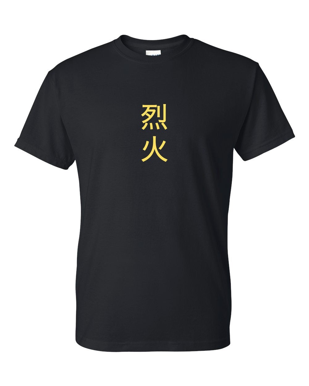 black t-shirt front view with small kanji mark