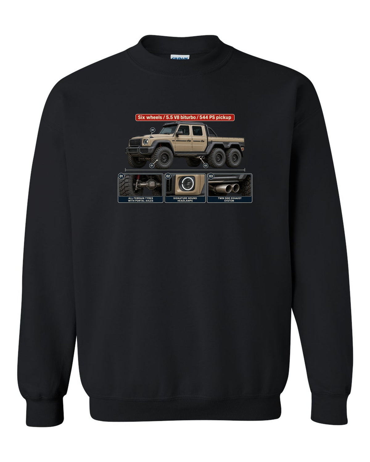 Dossier panel print of a Mercedes-Benz G63 AMG 6x6 W463 pickup black crewneck front view with the design