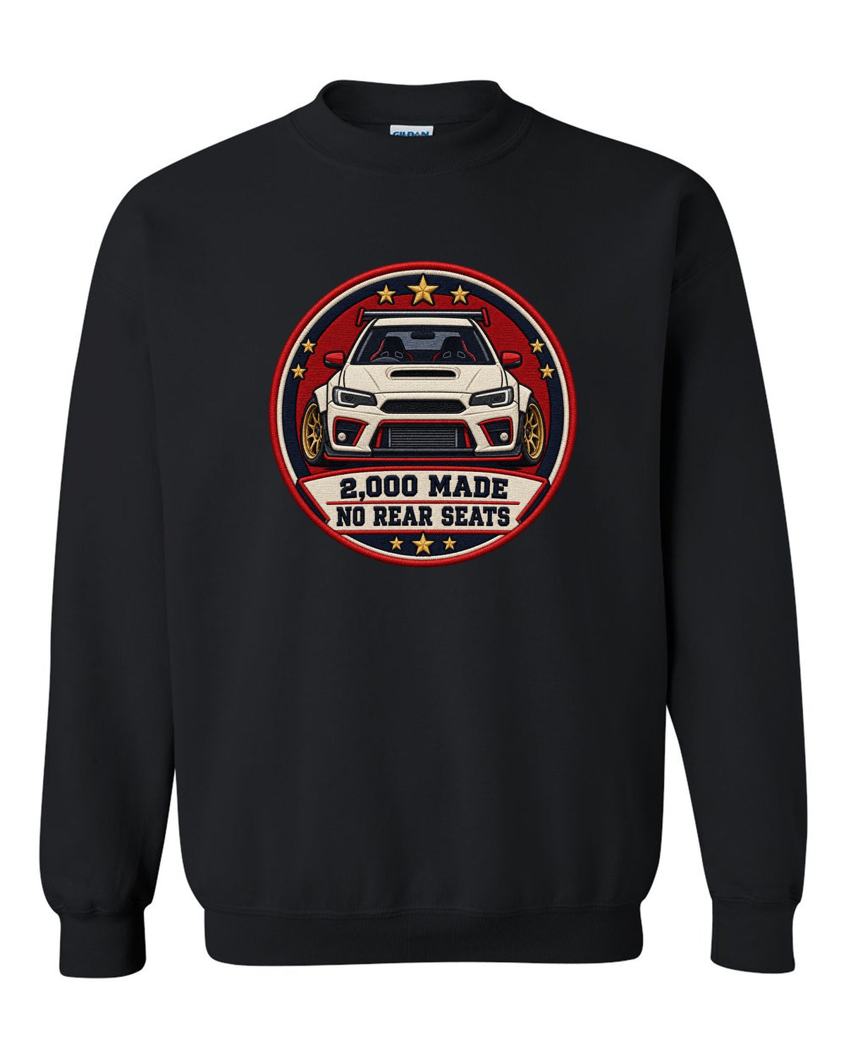 Embroidery-style varsity crest print for the Mini GP1 R53 with 2,000 made and no rear seats text black crewneck front view with the design