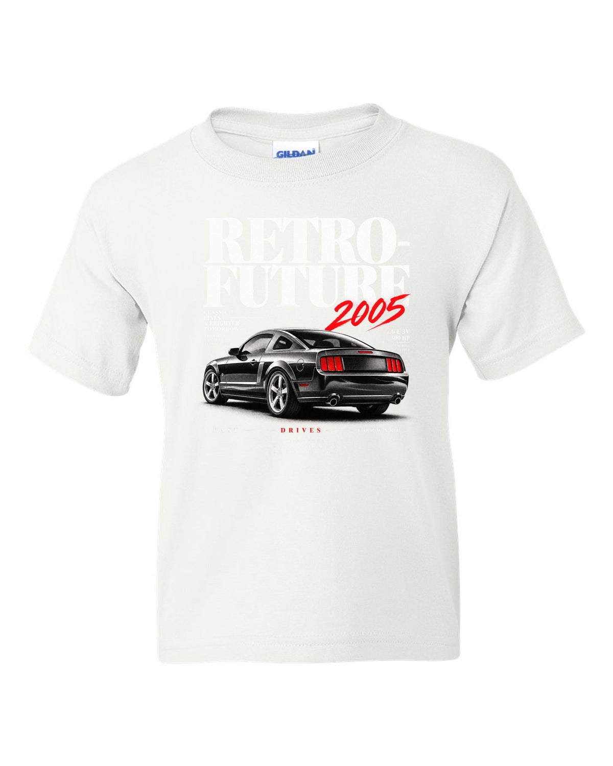 Editorial headline print of a 2005-09 Ford Mustang S197 GT white kids tee front view with the design