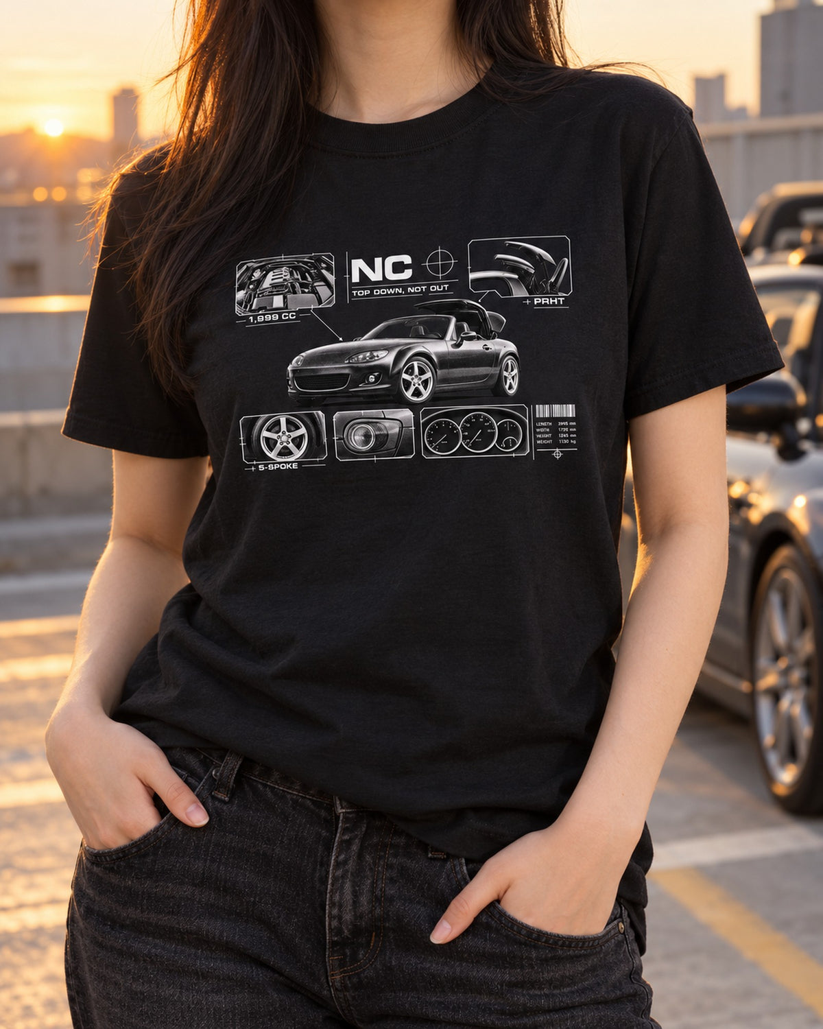 Mazda MX-5 NC PRHT Roof Dossier Tee, Top Down Not Out T-Shirt Black worn hero