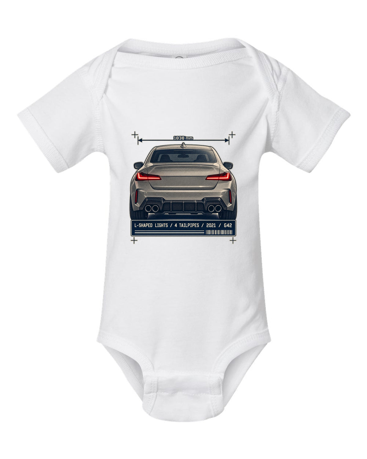 BMW M240i G42 rear taillight and tailpipe macro print white baby onesie front view with the design
