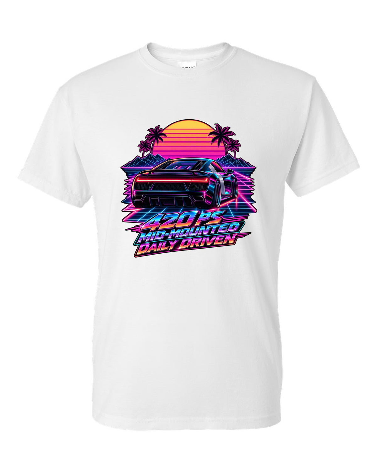 80s synthwave print of an Audi R8 Type 42 rear lights with Daily Driven text white t-shirt front view with the design