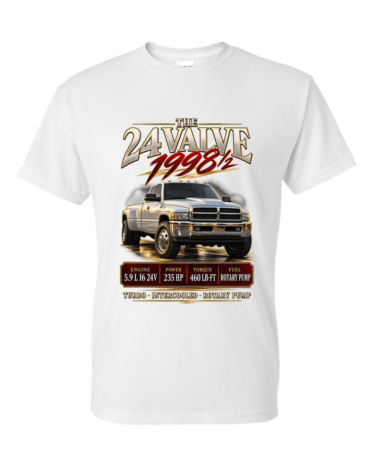 Archive panel of a 1998.5-2002 Ram 2500 2nd gen 24V with 235 HP and 460 lb-ft white t-shirt front view with the design